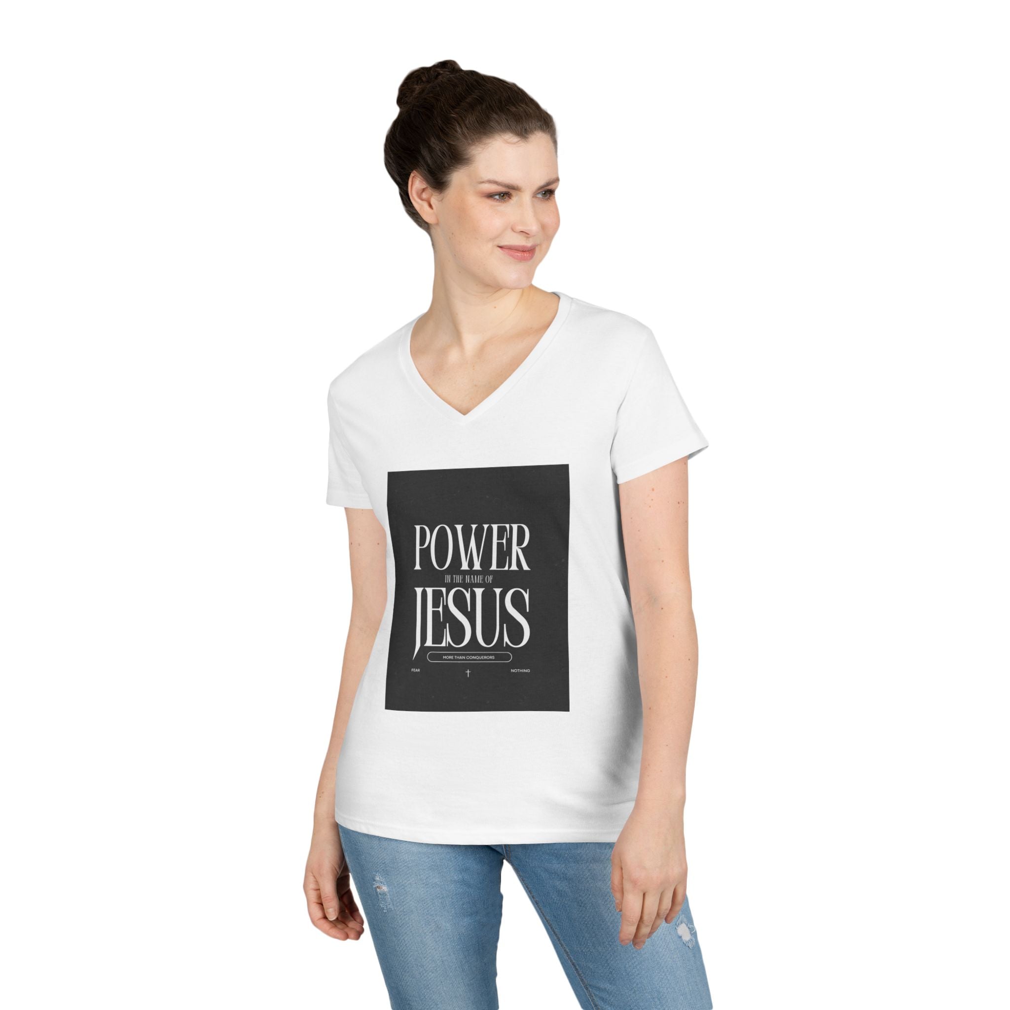 Power of Jesus Ladies' V-Neck T-Shirt — Inspirational Christian Faith Tee