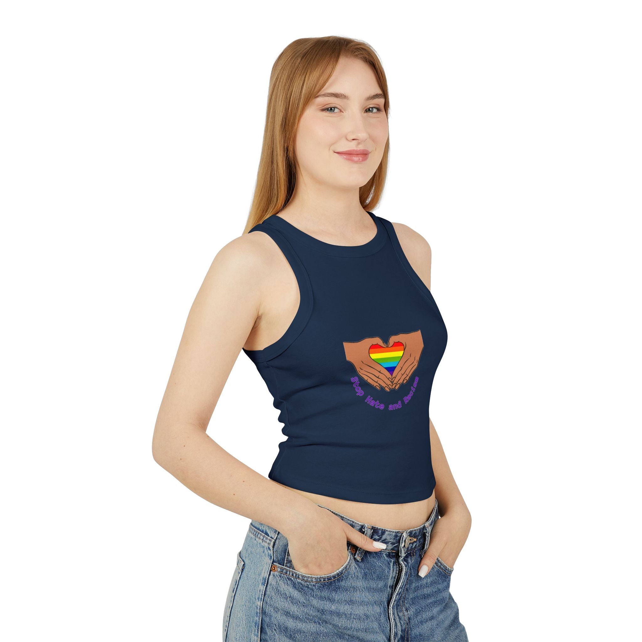 Racer Tank - Rainbow Heart Hands “Love Wins and Hugs” Pride Crop Top