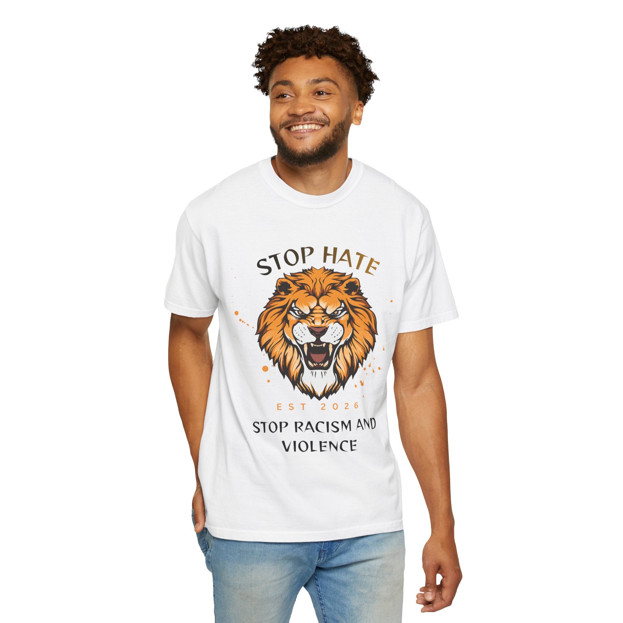 Stop Hate Lion T-Shirt — "Stop Racism and Violence" Statement Tee