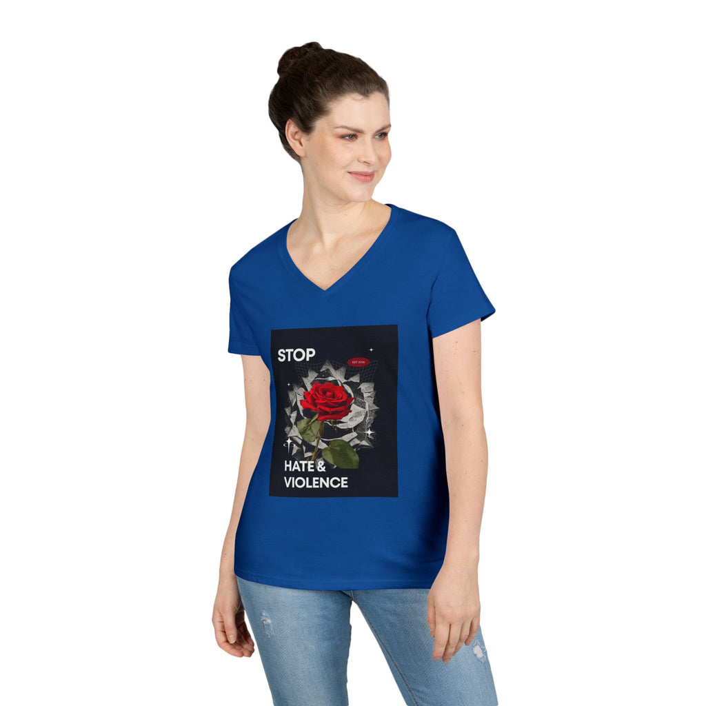 Stop Hate & Violence Women's V-Neck T-Shirt — Red Rose Peace Graphic Tee