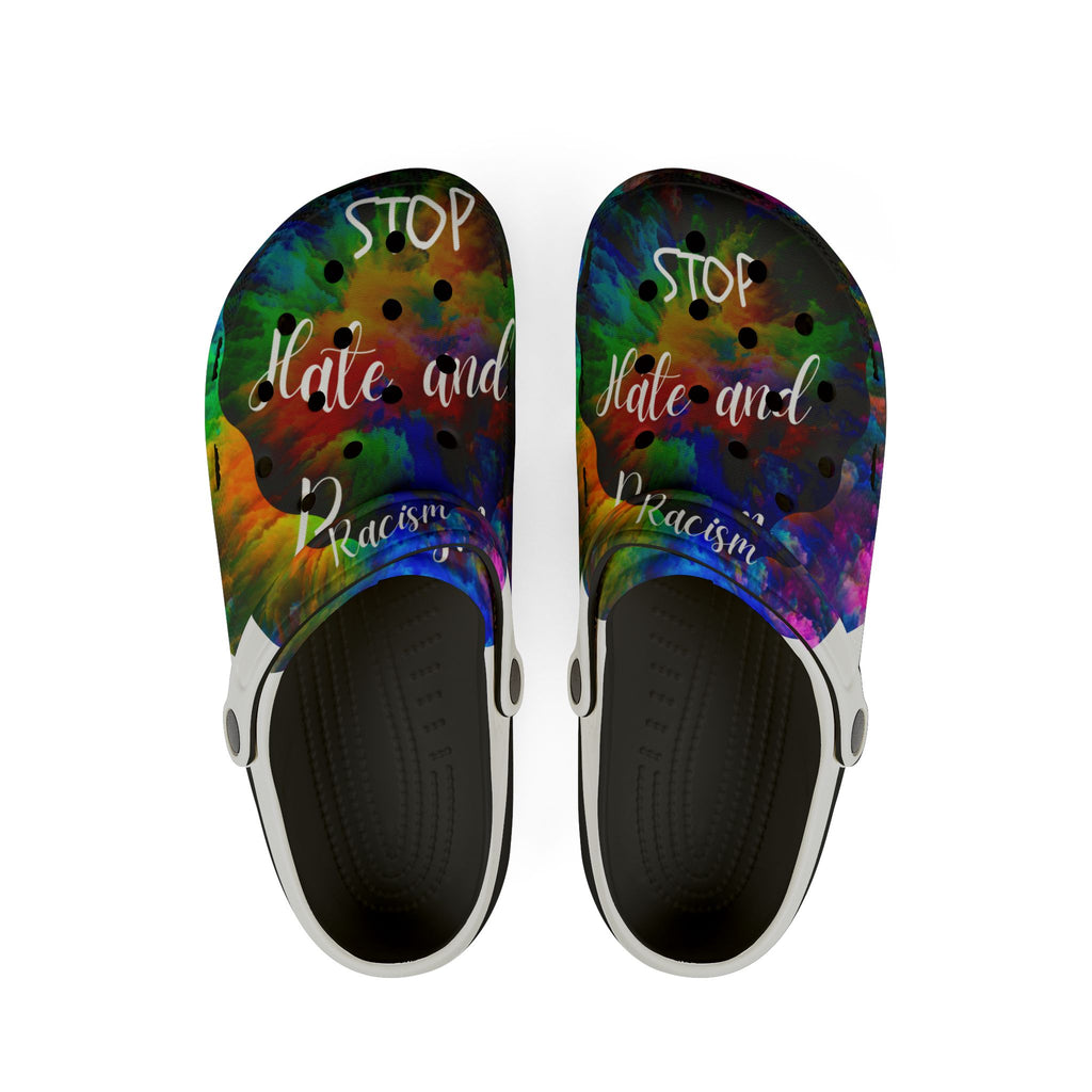 Stop Hate and Racism EVA Foam Clogs — Colorful Tie-Dye Statement Shoes