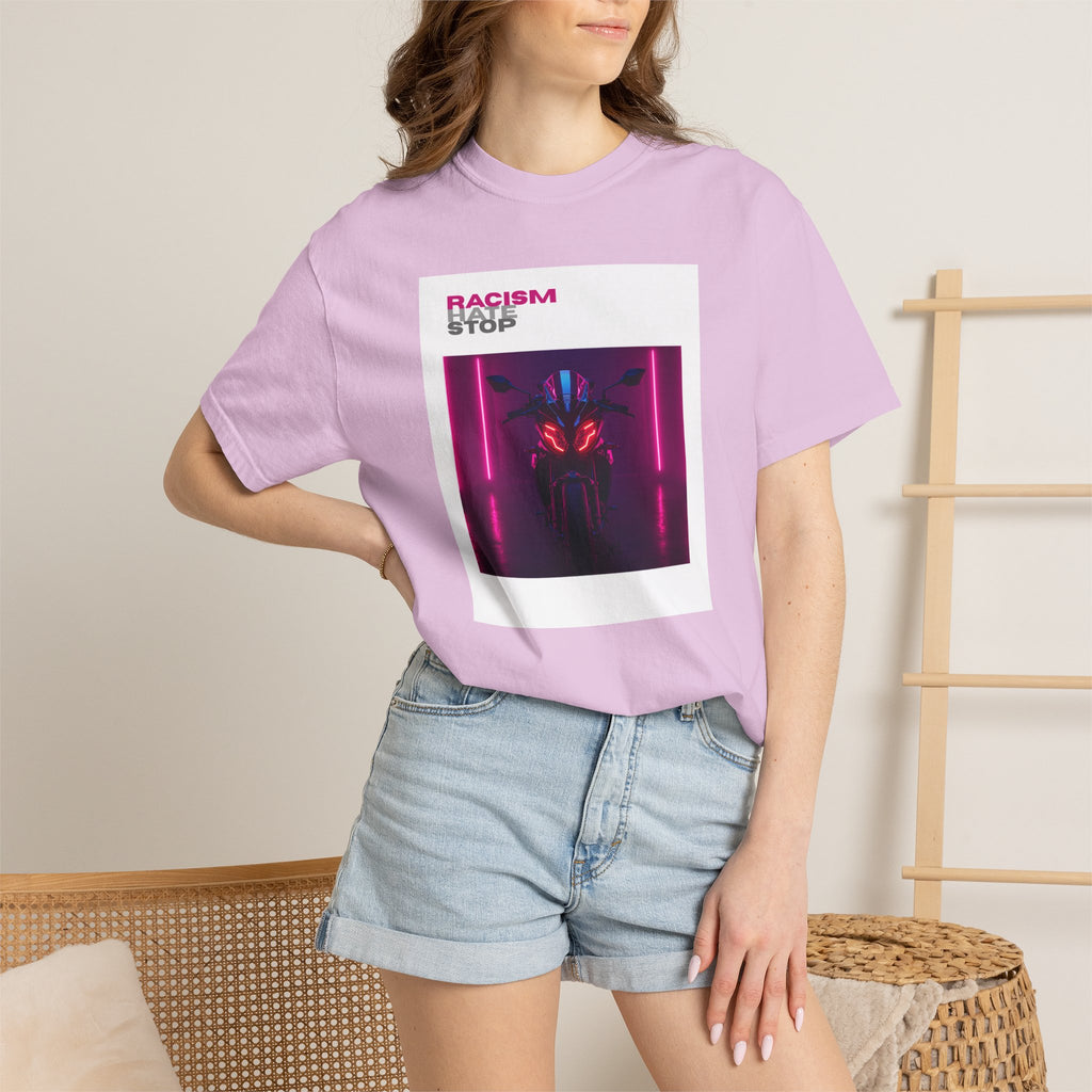 Anti-Racism Graphic T-Shirt — “Racism Stop” Neon Robot Design