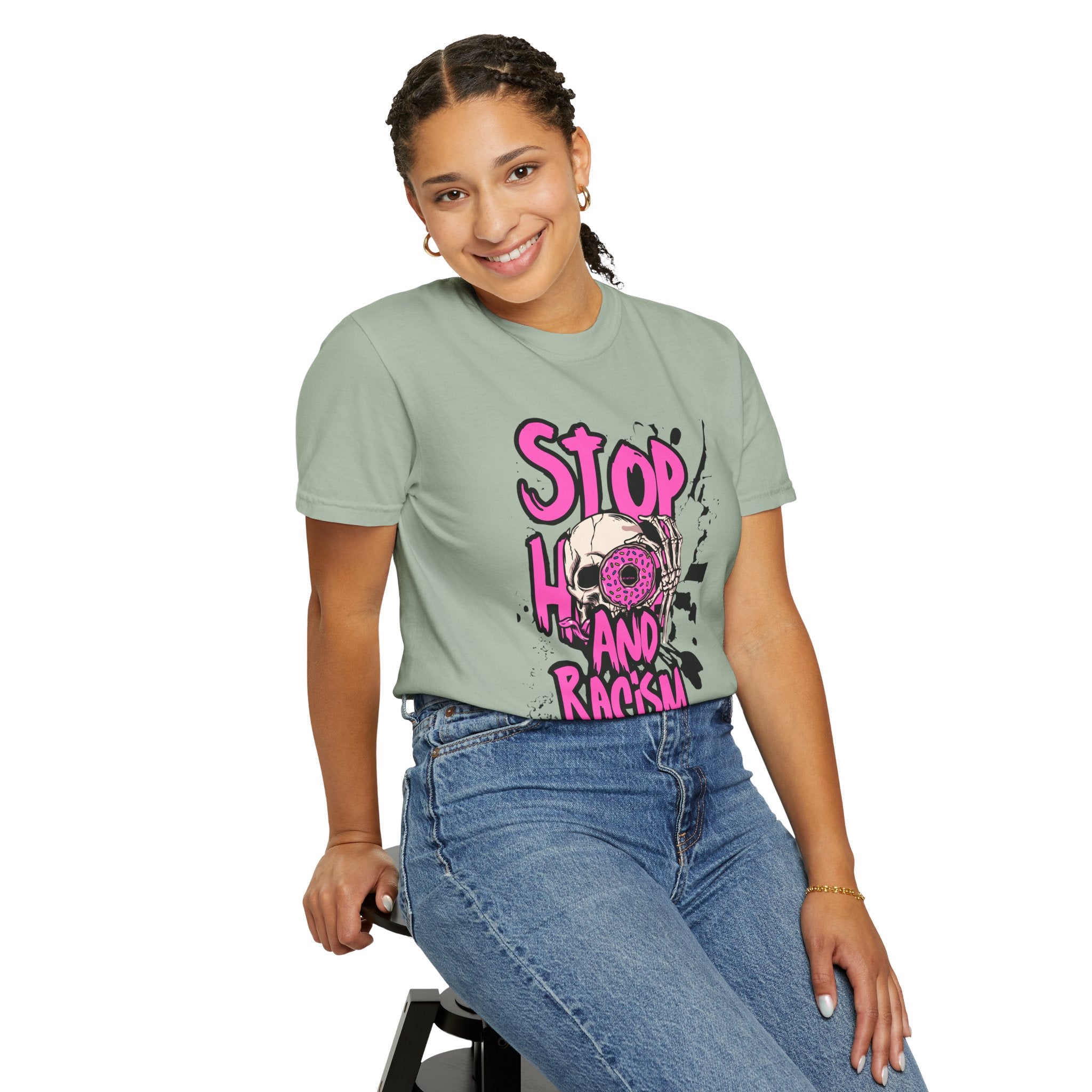 Stop H8 and Racism Graphic Tee — Anti-Racism Skull Donut Protest T-Shirt