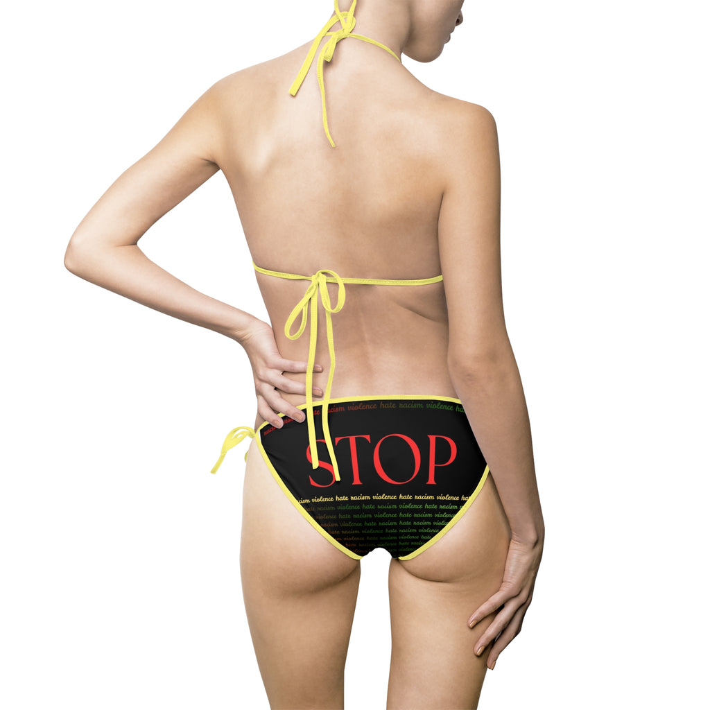 STOP Text Black Graphic Bikini — Protest Statement Swimsuit