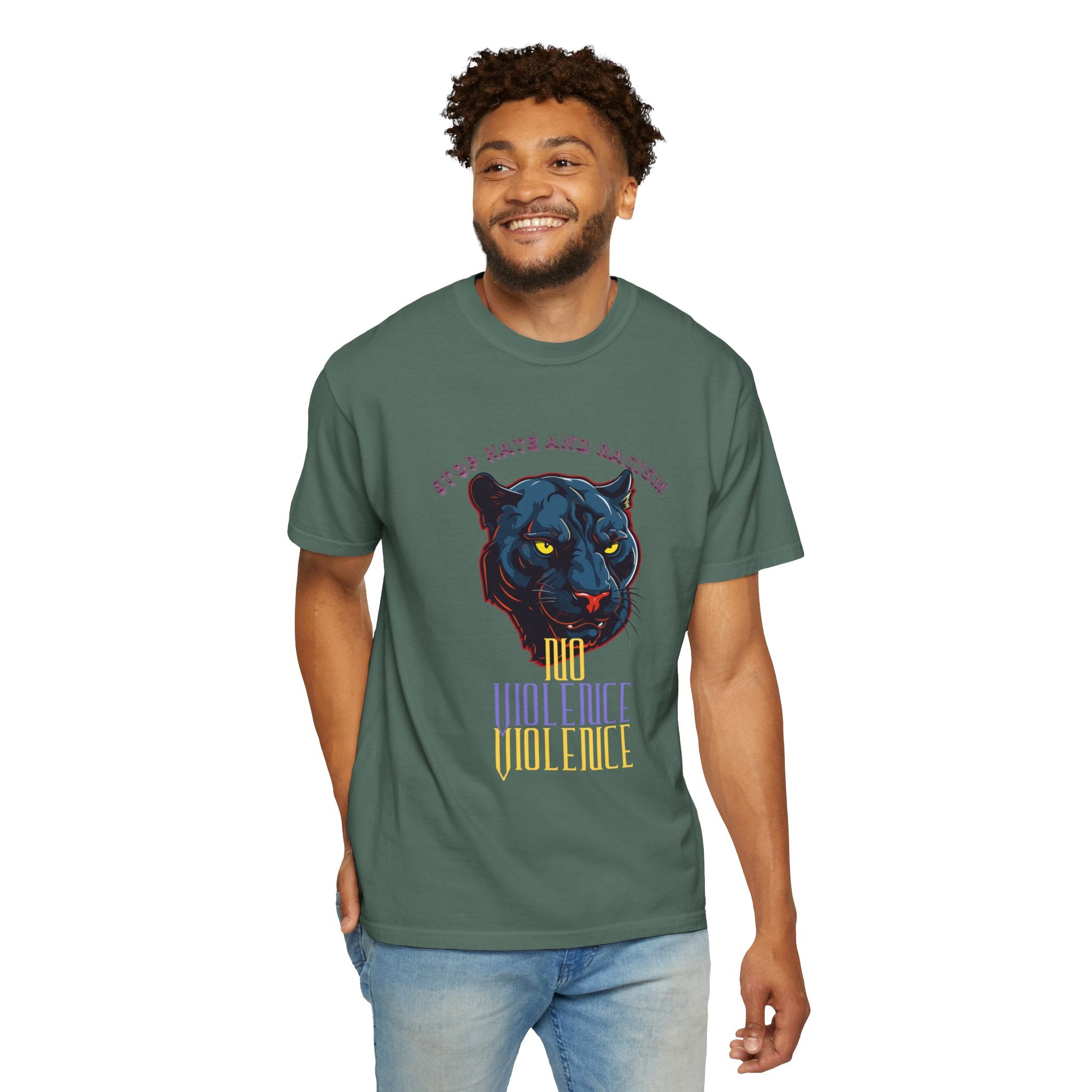 No Violence Panther T-Shirt — Graphic Animal Tee with 'No Violence' Text