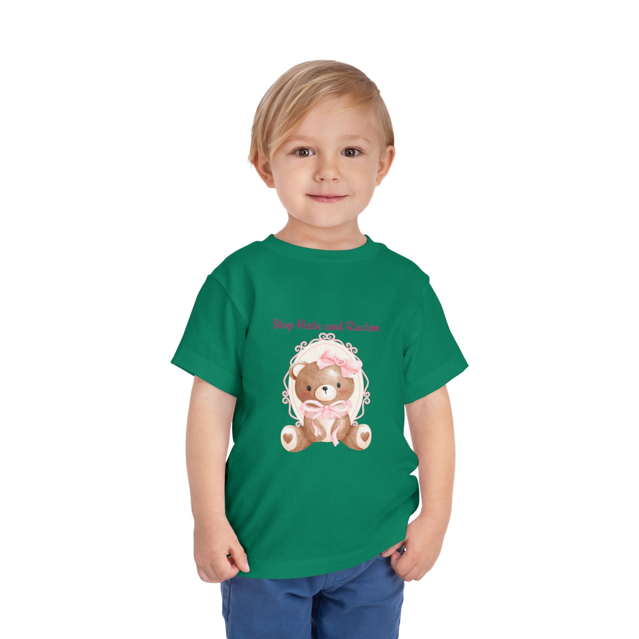 Toddler Tee – Pink Teddy "Stop Hate and Racism" Anti-Racism Kids Shirt