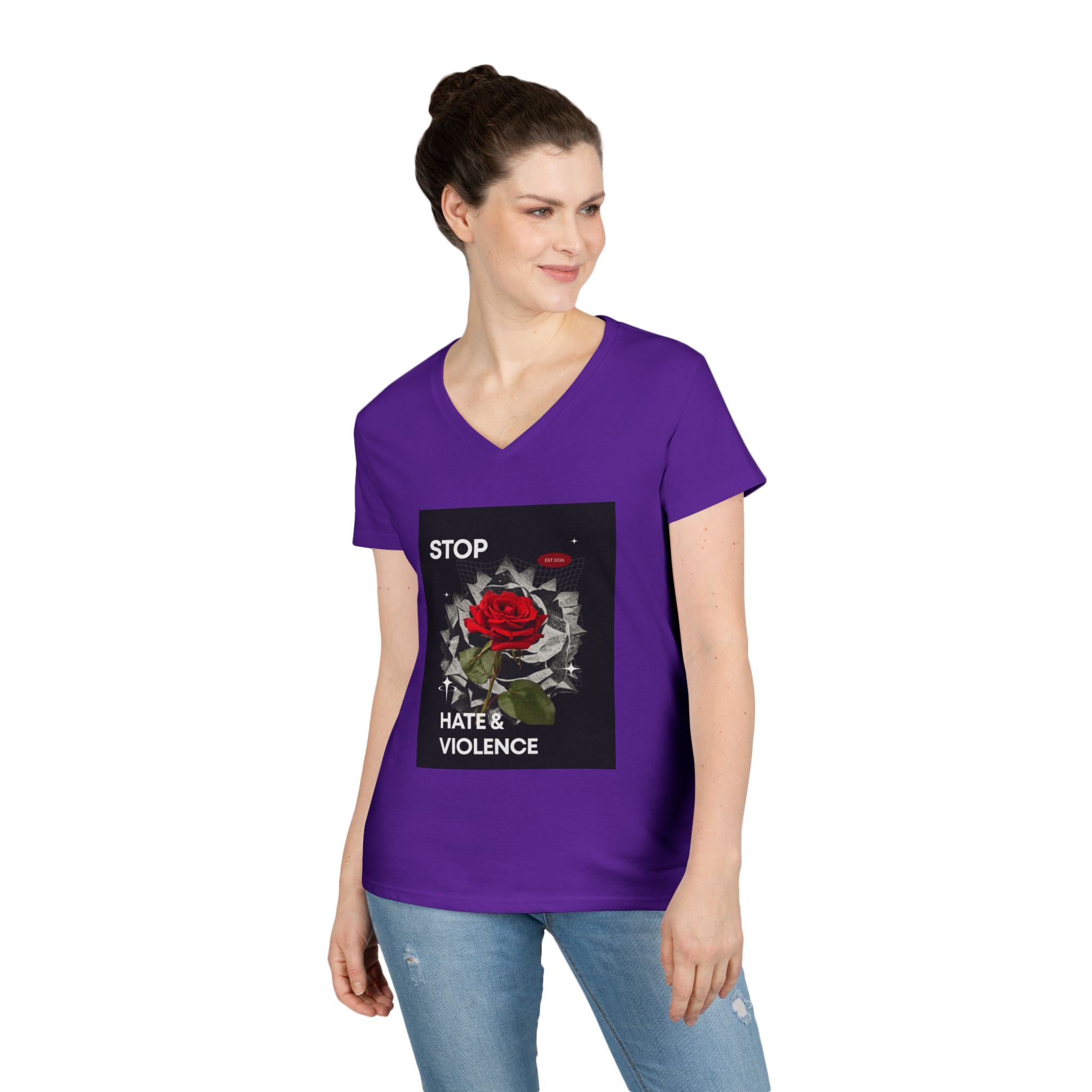 Stop Hate & Violence Women's V-Neck T-Shirt — Red Rose Peace Graphic Tee