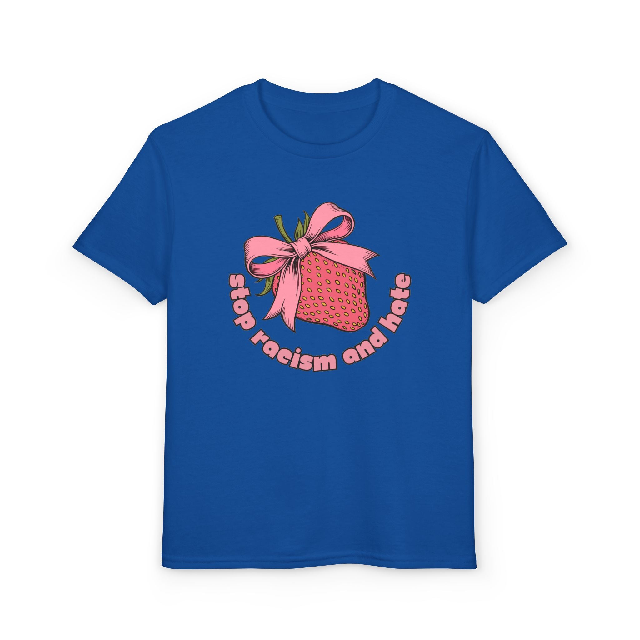 Youth T-Shirt — Cute Pink Gift Box Graphic with "Stop, Realism and Races" Slogan