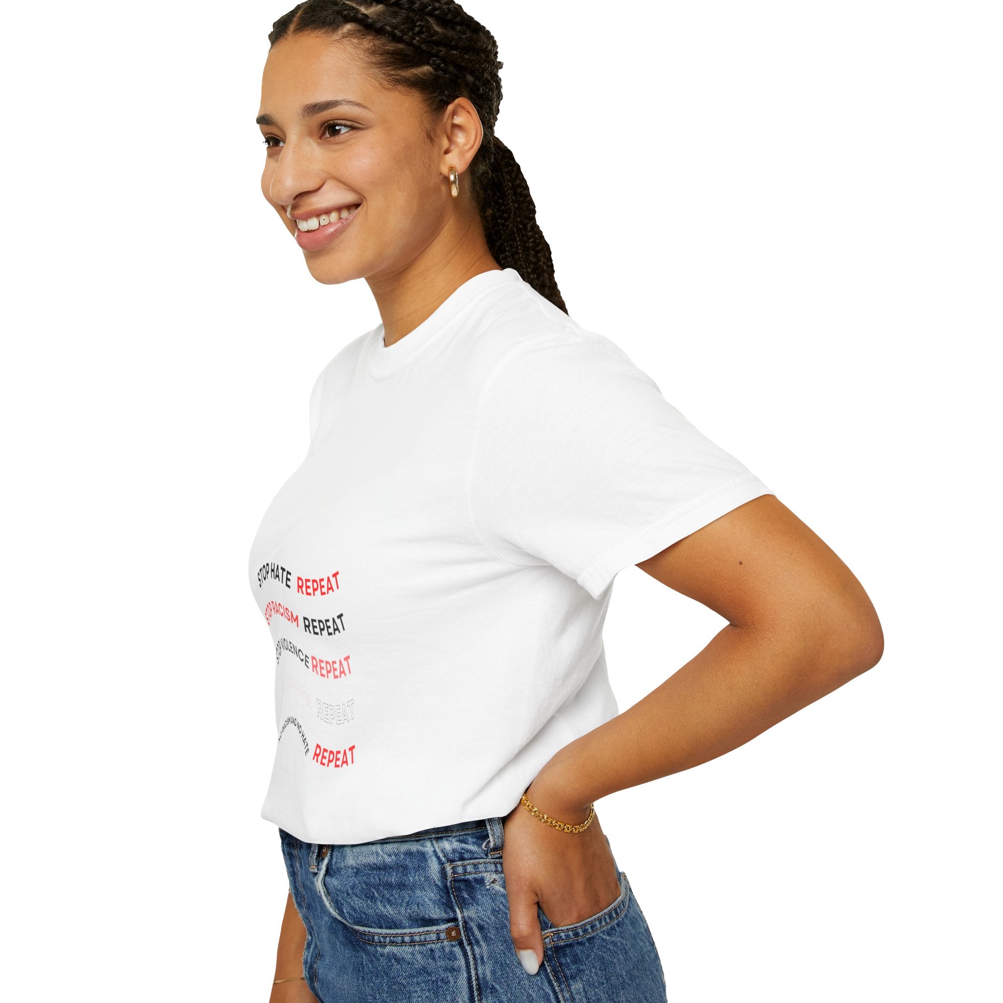 Stop Hate Repeat T-Shirt — Anti-Racism Message Tee