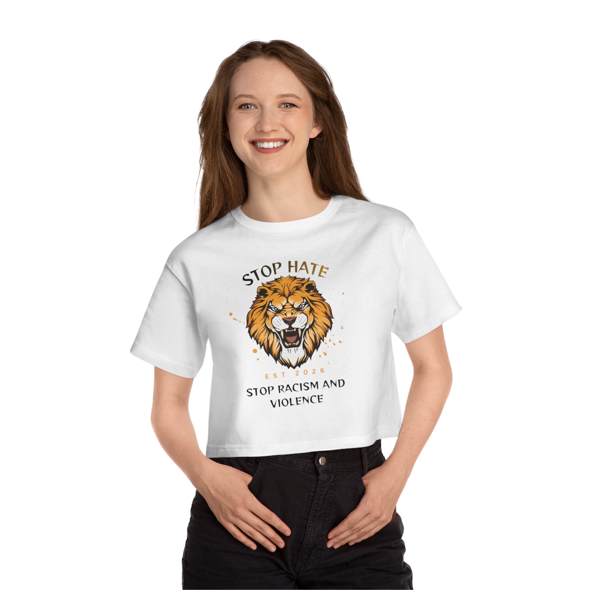 Stop Hate Lion Crop Tee — "Stop Racism and Violence" Graphic T‑Shirt