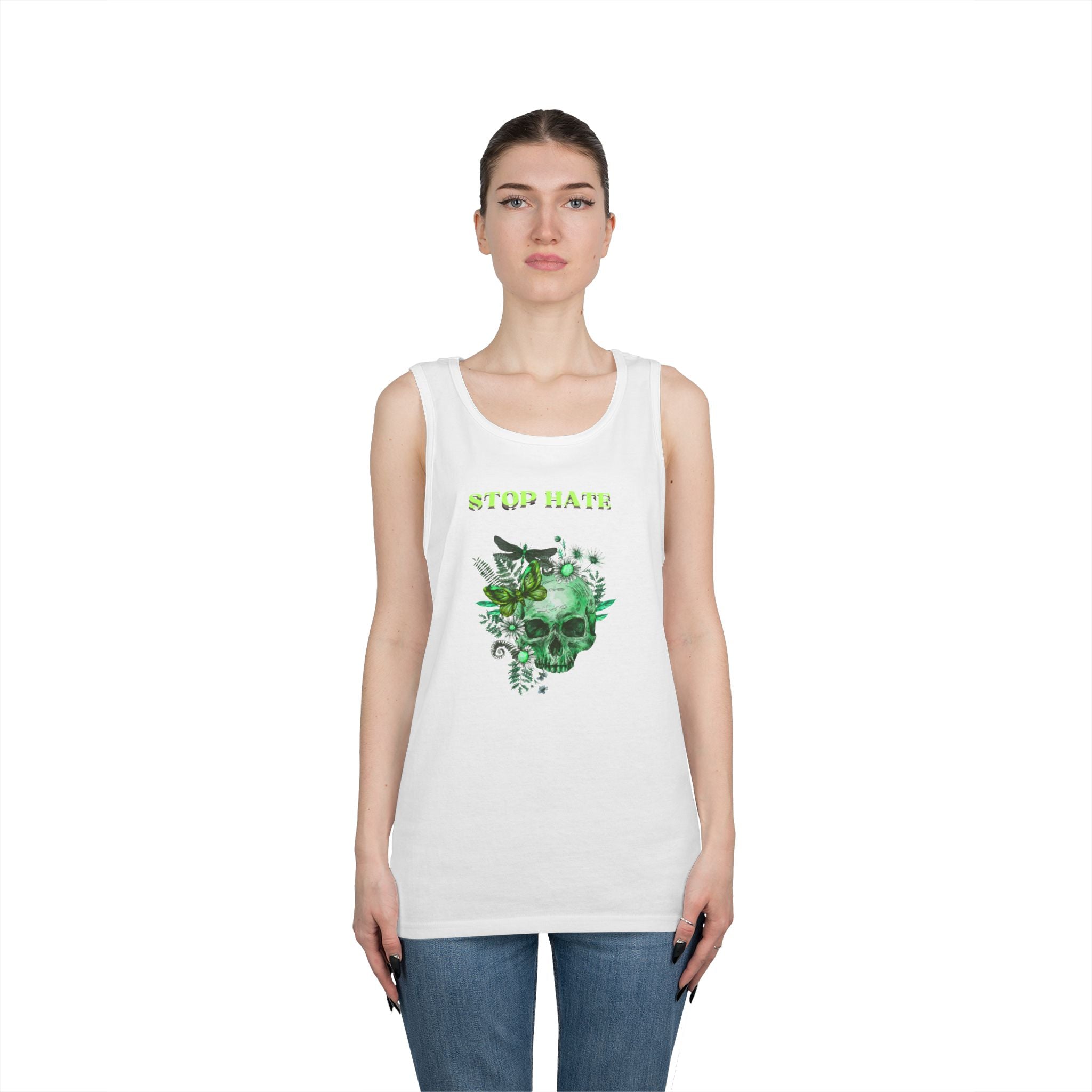 Stop Hate Skull Tank — Green Floral Skull Tank Top