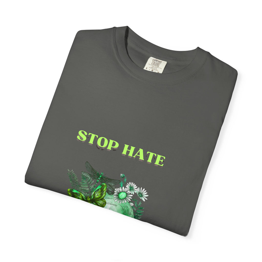 Stop Hate Skull T-Shirt — Green Floral Skull Graphic Tee