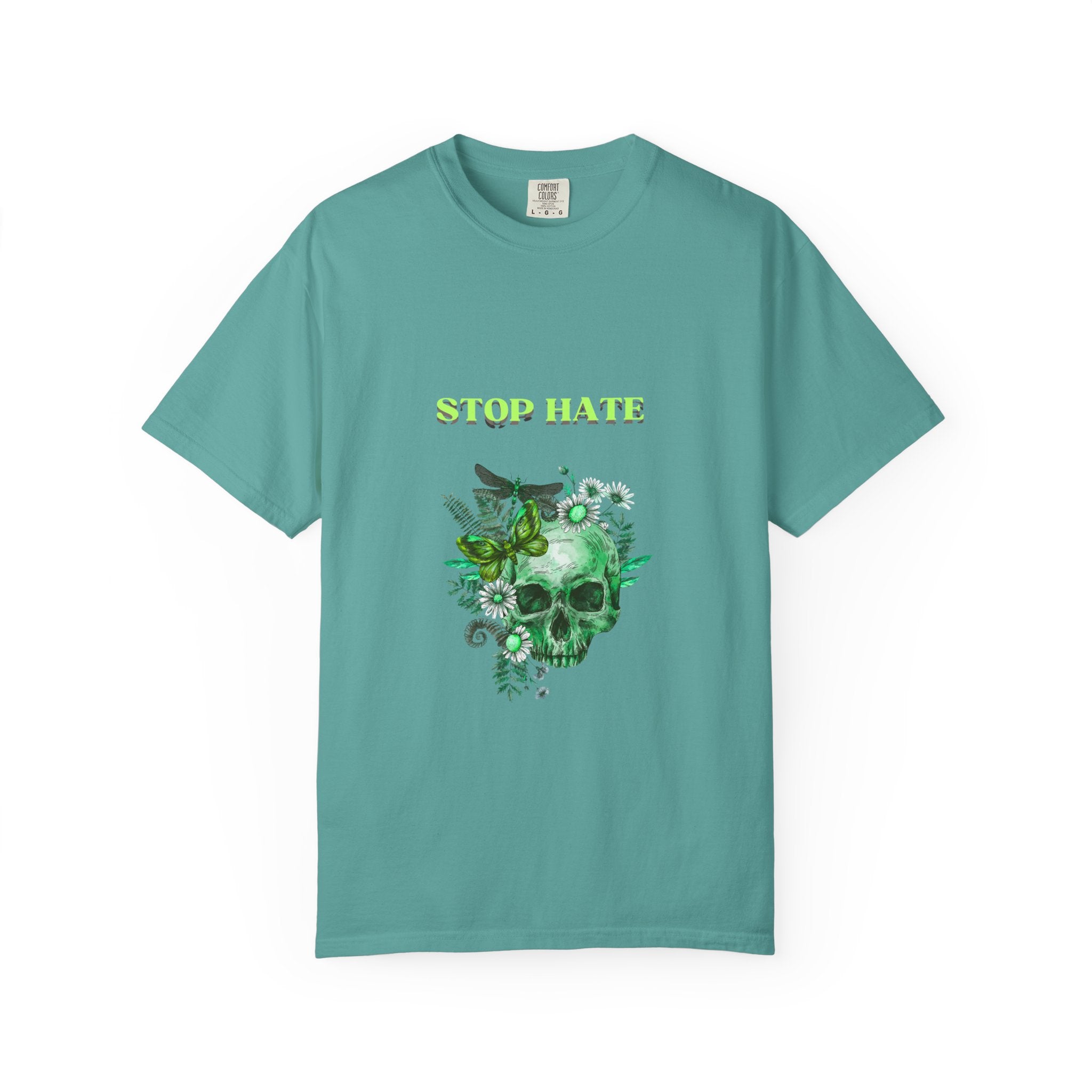 Stop Hate Skull T-Shirt — Green Floral Skull Graphic Tee