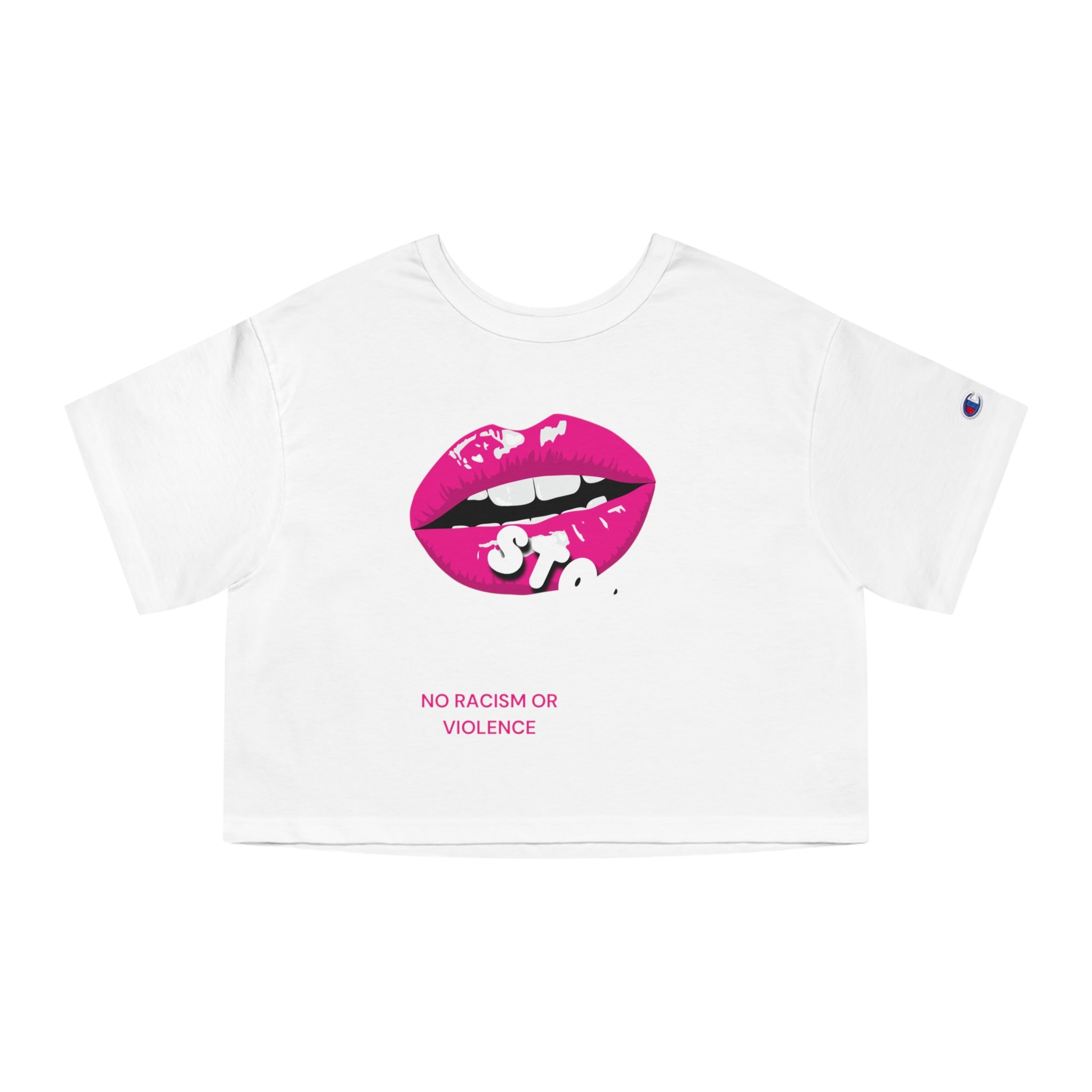 Cropped Graphic Tee — Pink Lips "No Racism or Violence" Statement Shirt