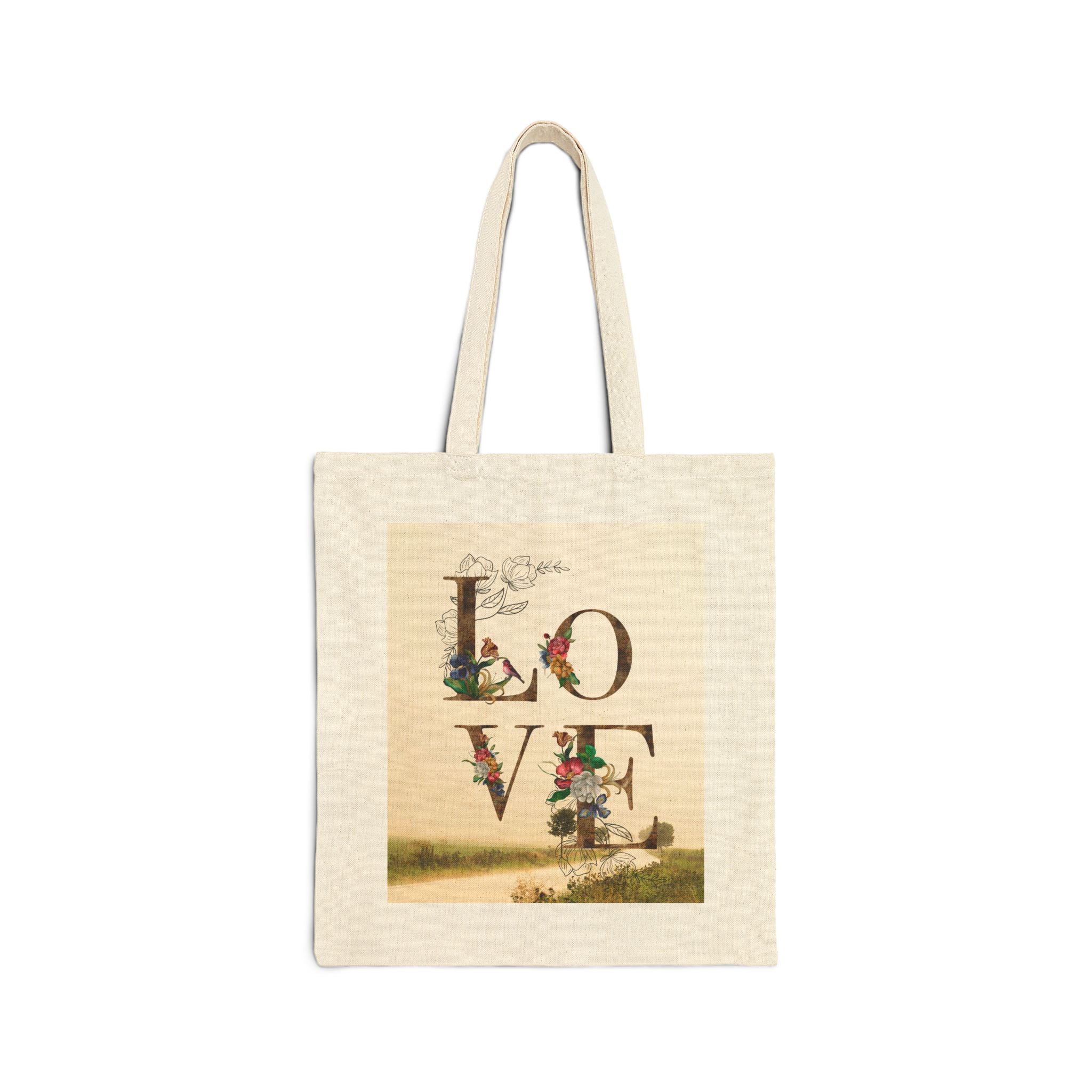 Love Floral Canvas Tote Bag — Vintage Botanical 'LOVE' Print Cotton Shopper