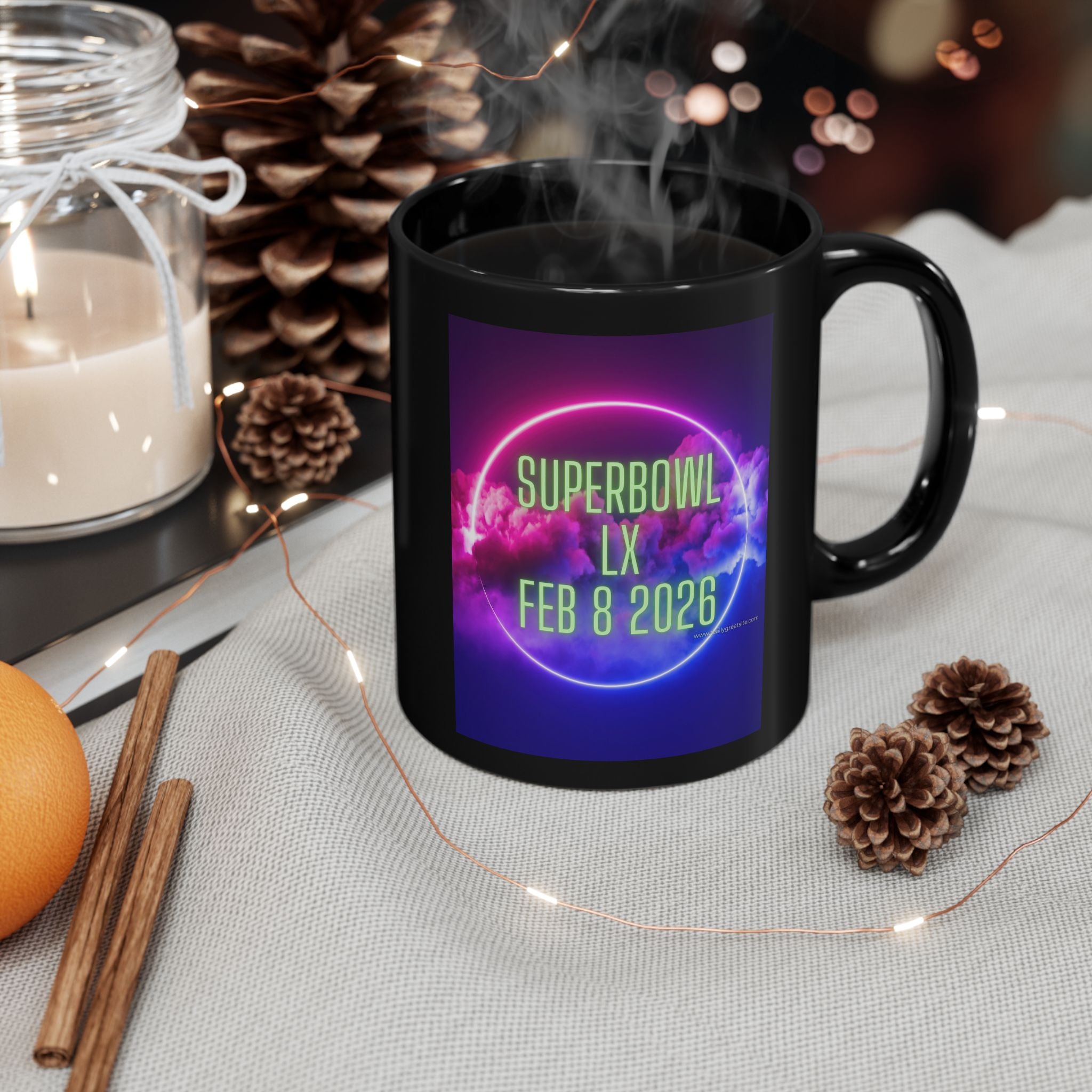 Super Bowl LX Feb 8 2026 Black Mug — Neon Retro Game Day Coffee Cup