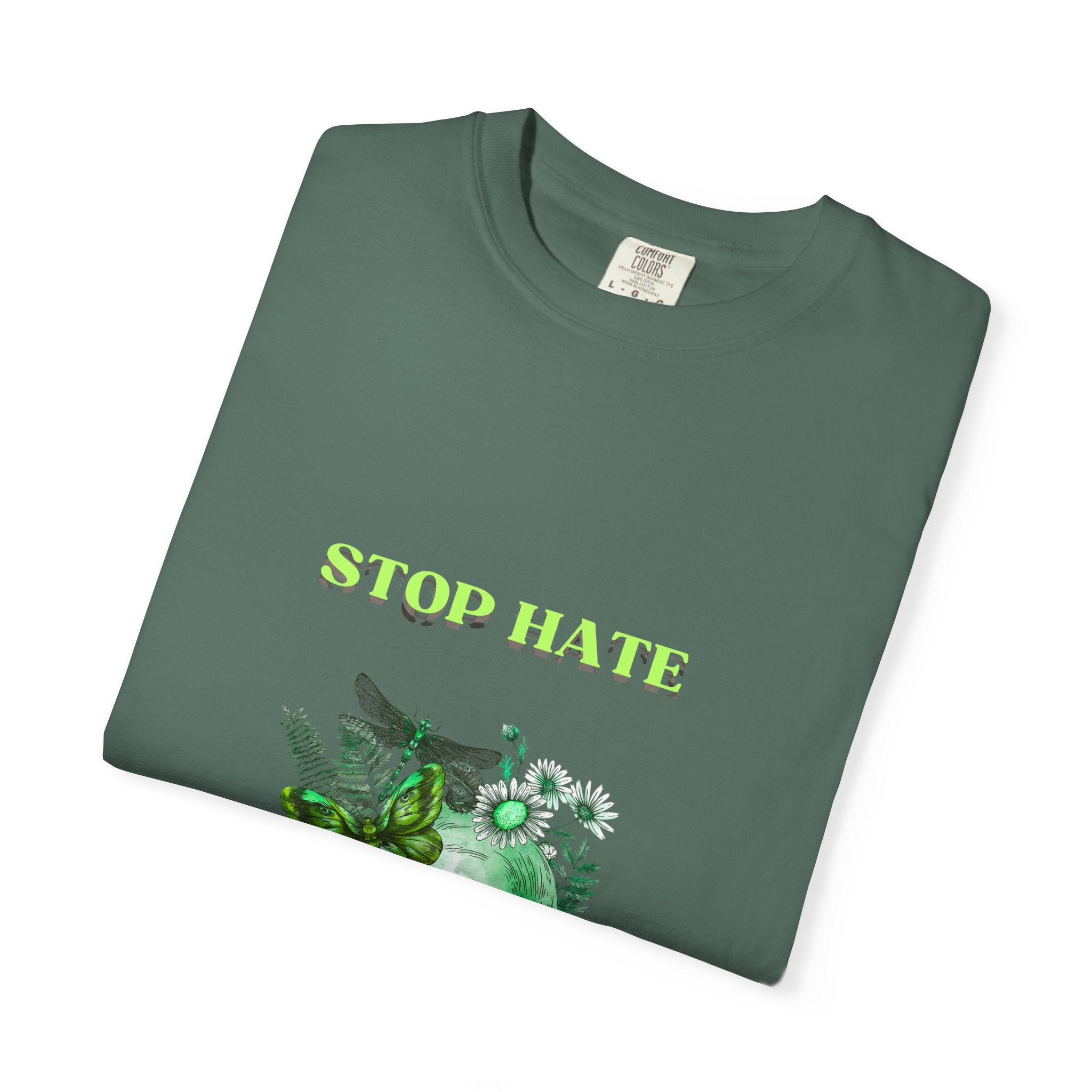 Stop Hate Skull T-Shirt — Green Floral Skull Graphic Tee