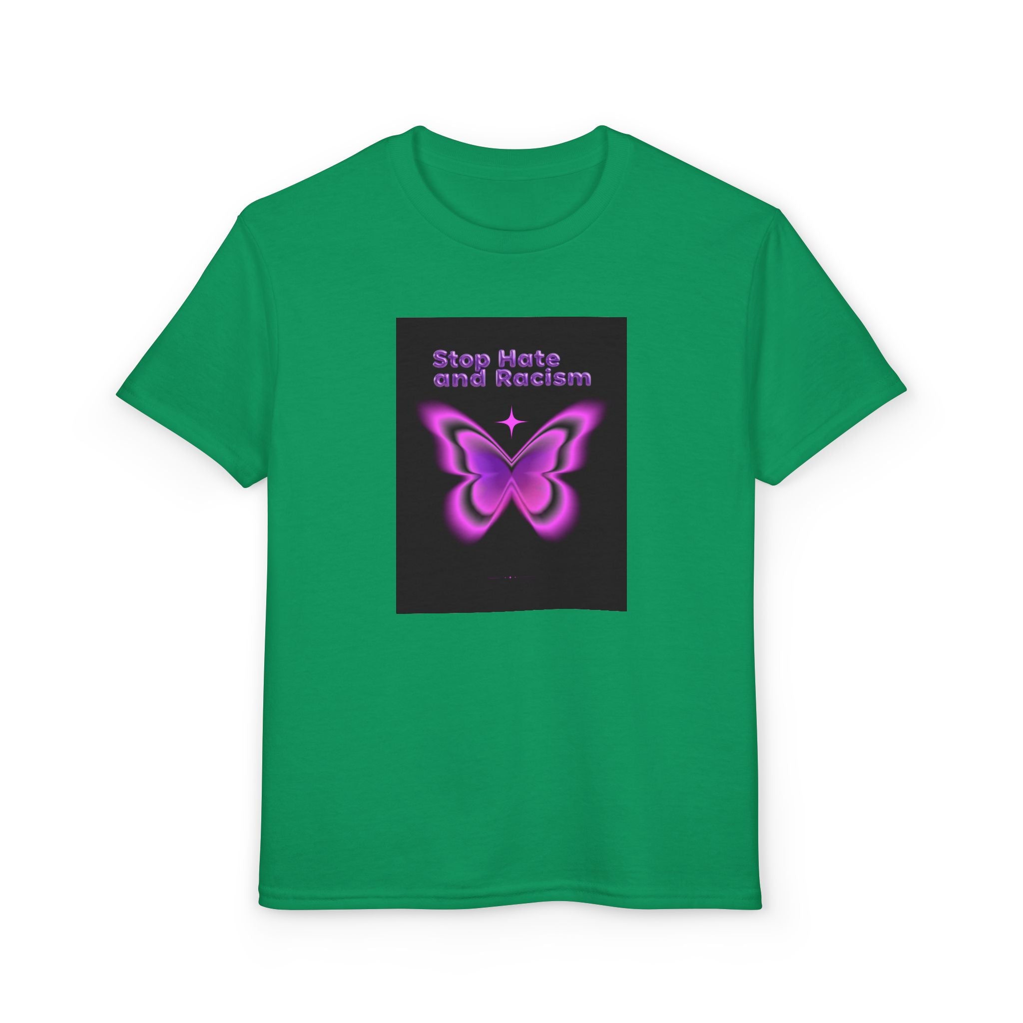 Youth T-Shirt — "Stop Hate and Racism" Pink Butterfly Anti-Racism Tee