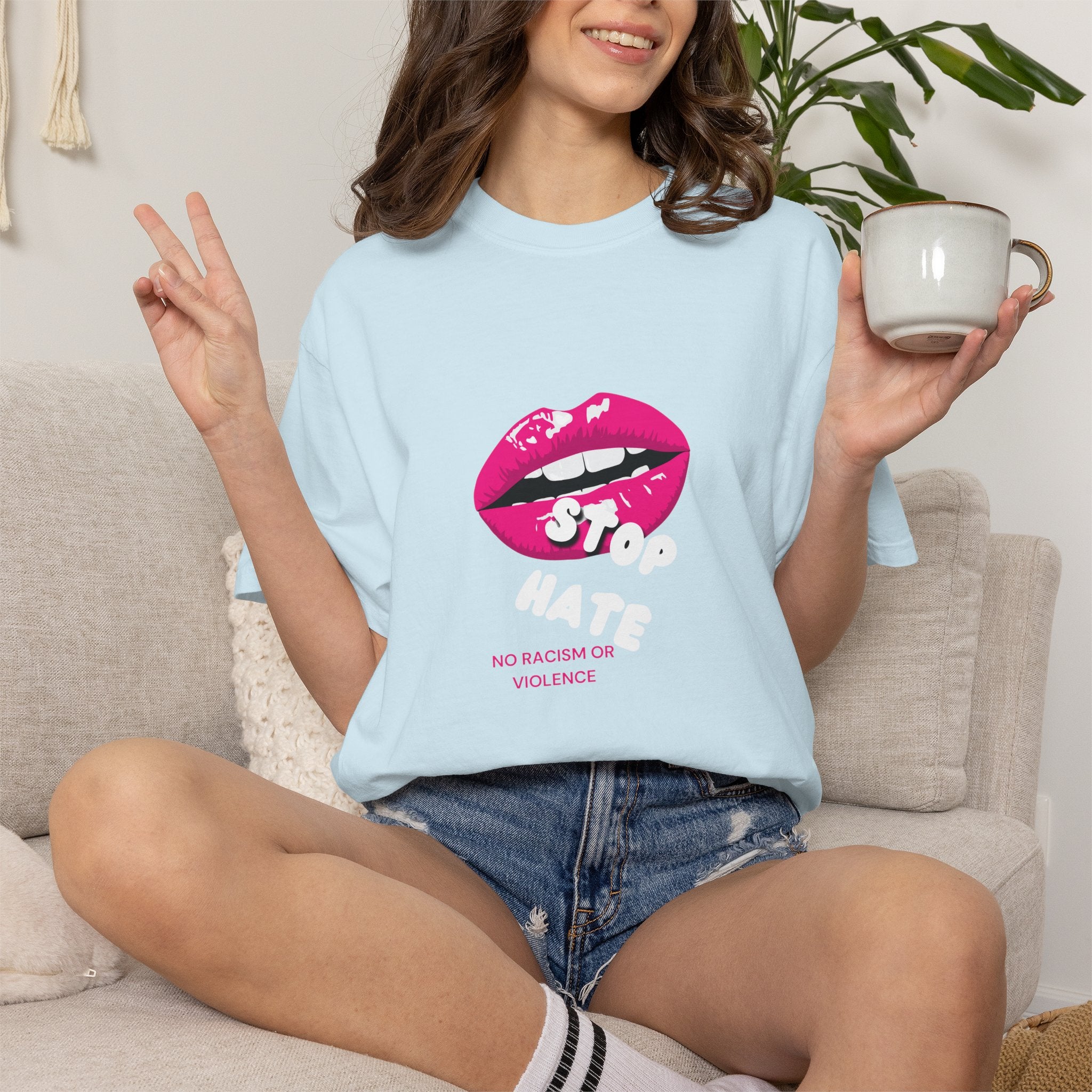 T-Shirt — Pink Lip 'Stop' Graphic Tee (No Racism or Violence)