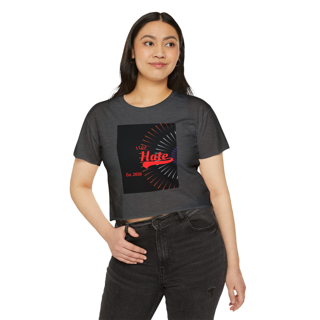 Crop Top — 'Stop Hate' Festival Crop Top, Retro Red Script Graphic