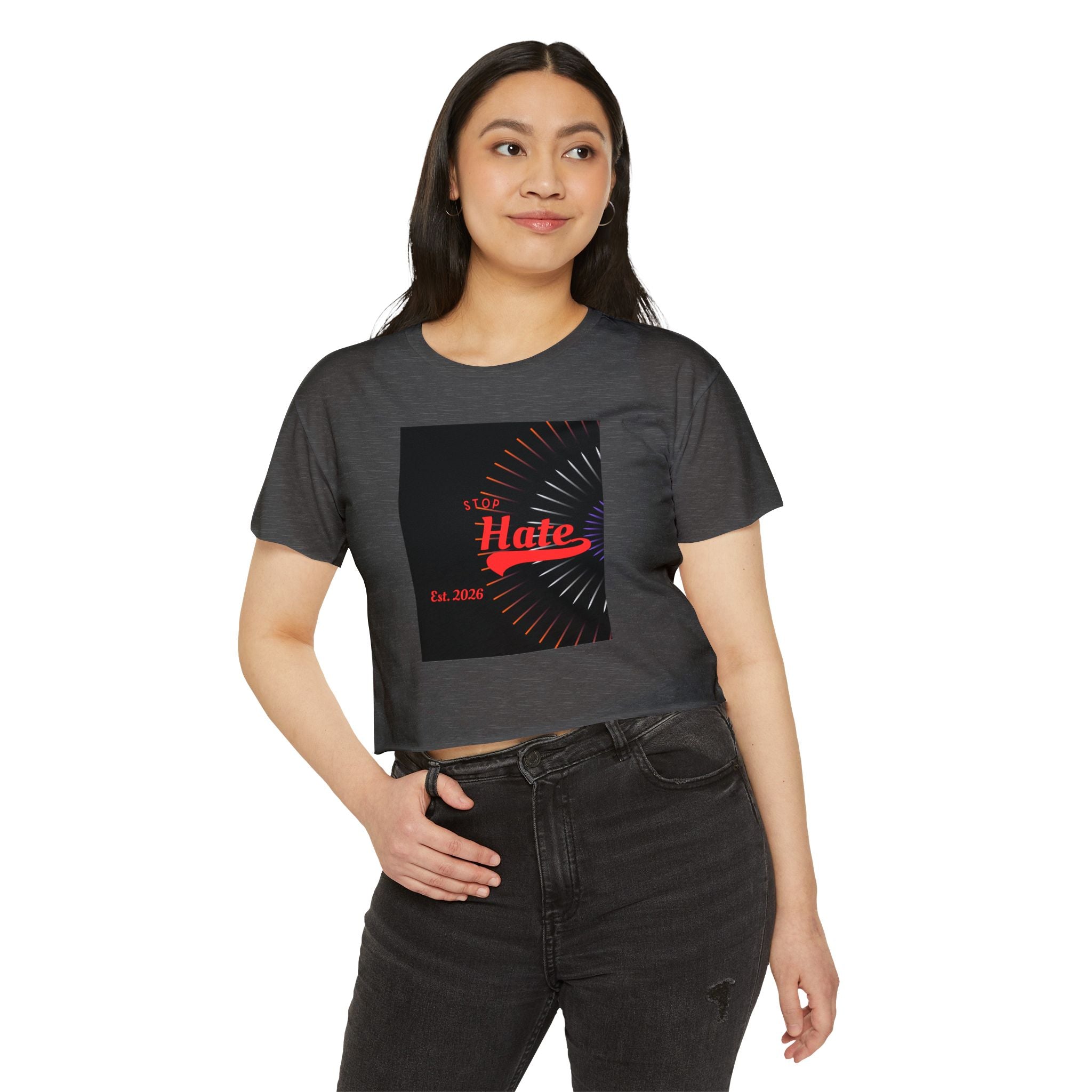 Crop Top — 'Stop Hate' Festival Crop Top, Retro Red Script Graphic