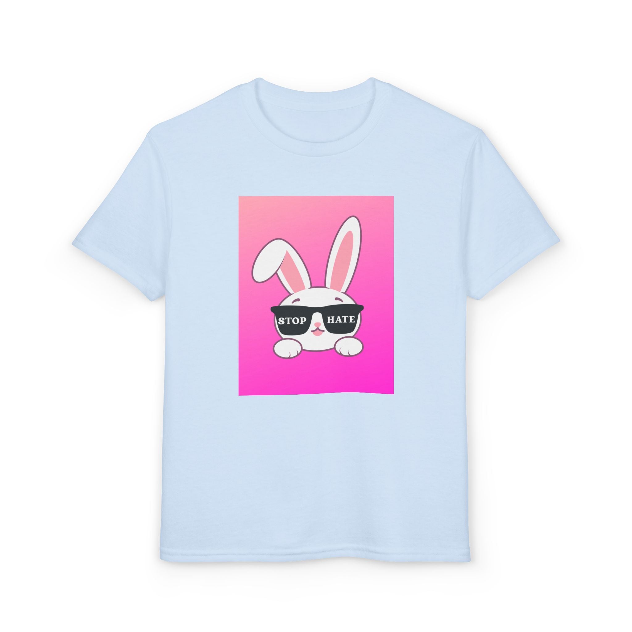Youth T-Shirt — Pink Bunny "Stop Hate" Graphic
