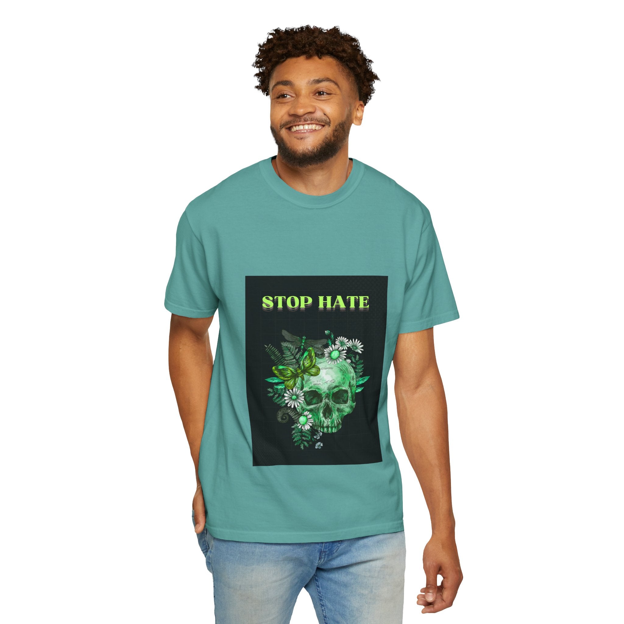 Stop Hate Skull T-Shirt — Green Floral Skull Graphic Tee