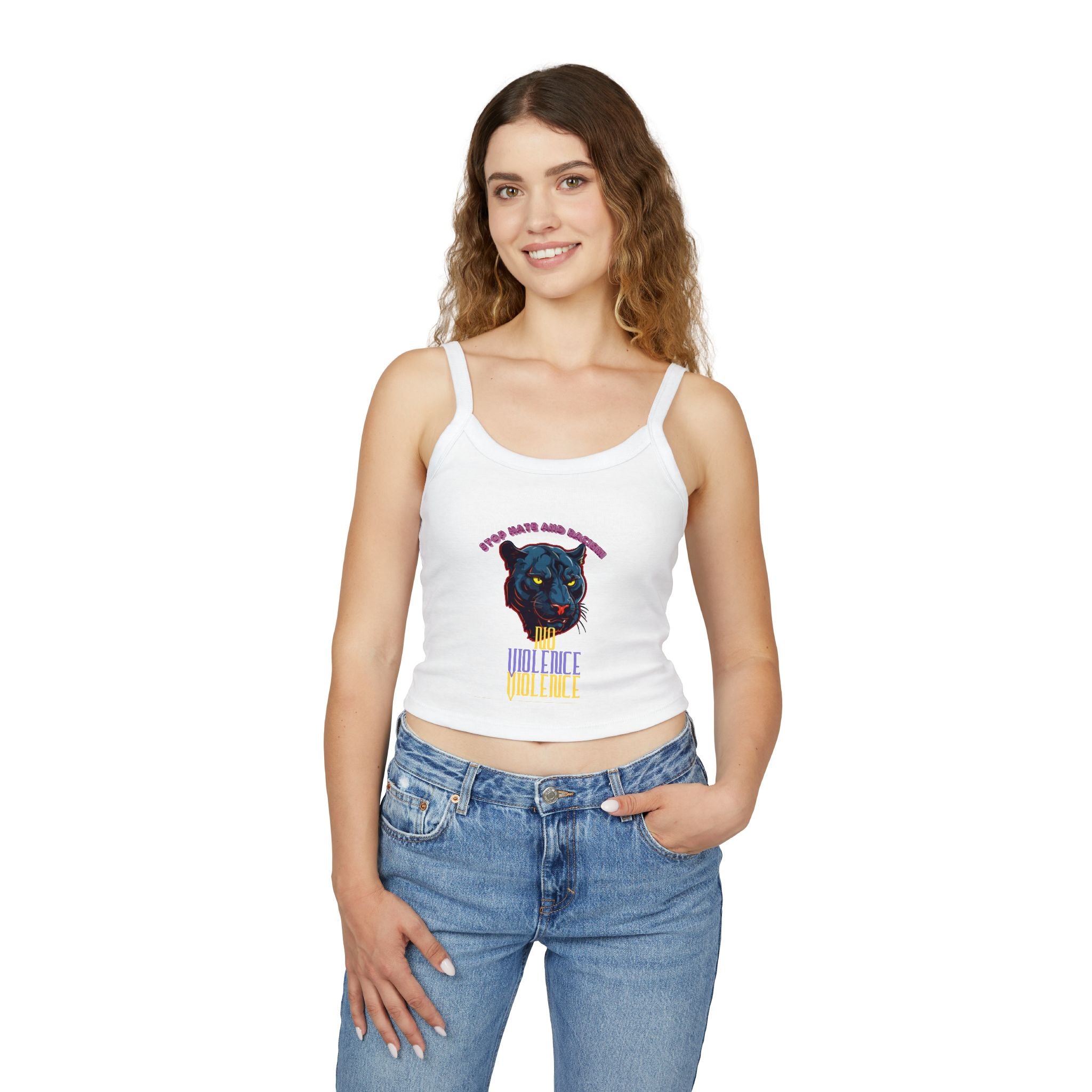 Panther Graphic Crop Tank — "No Violence, No Violence" Women's Spaghetti Strap Tank