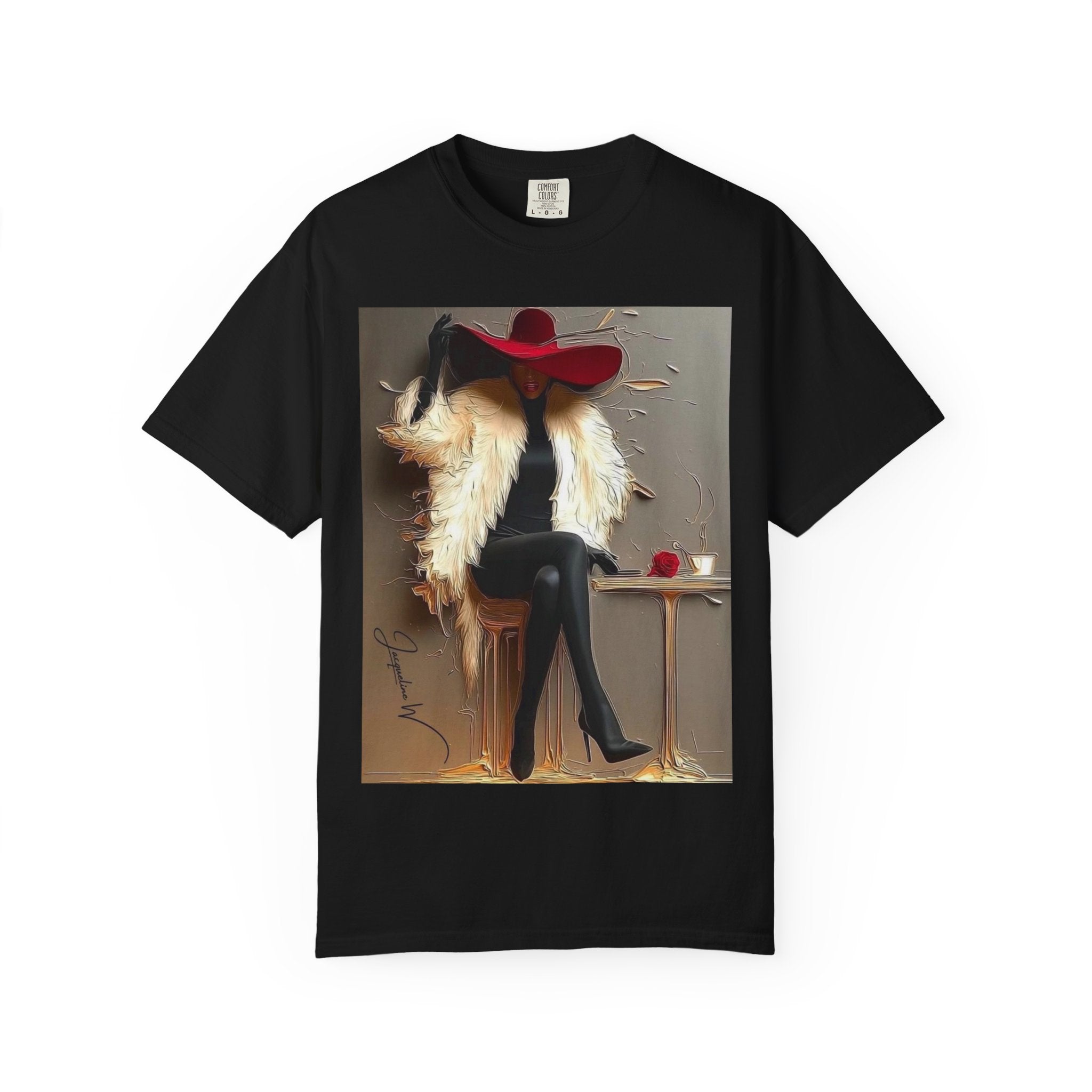 Vintage Glam Femme T-Shirt — Red Hat, Fur & Stiletto Art Tee