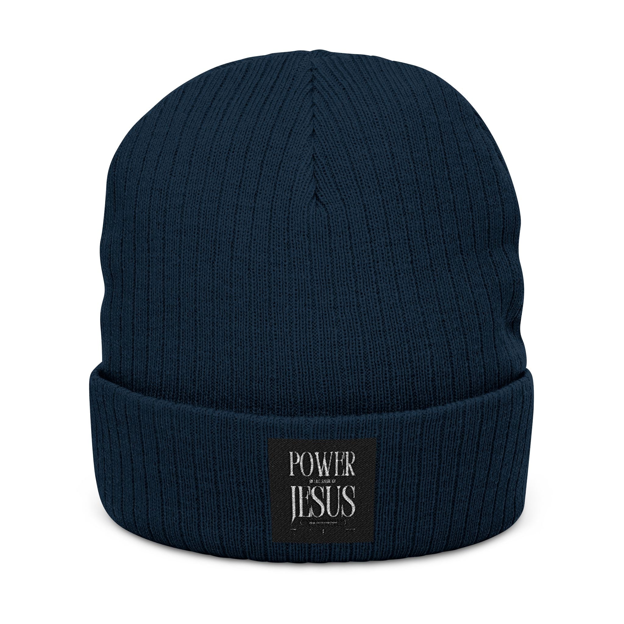 Embroidered "POWR JESUS" Ribbed Beanie — Cozy Christian Knit Hat