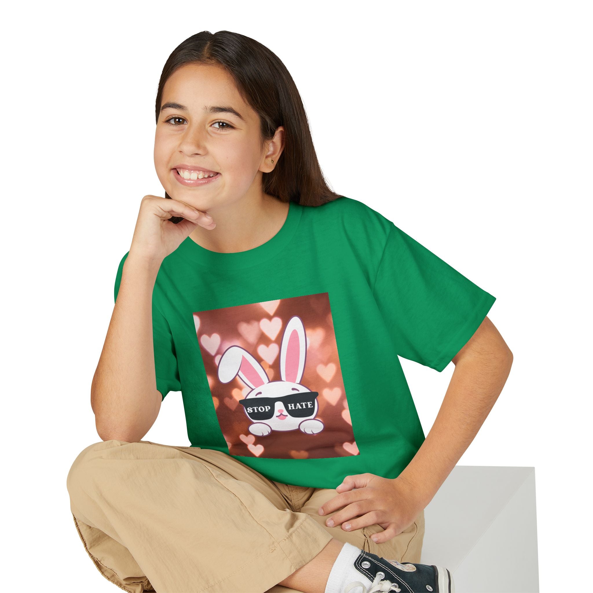 Youth T-Shirt — Cute Bunny with 'Stop the Hate' Sunglasses | Kids Anti-Bullying Tee