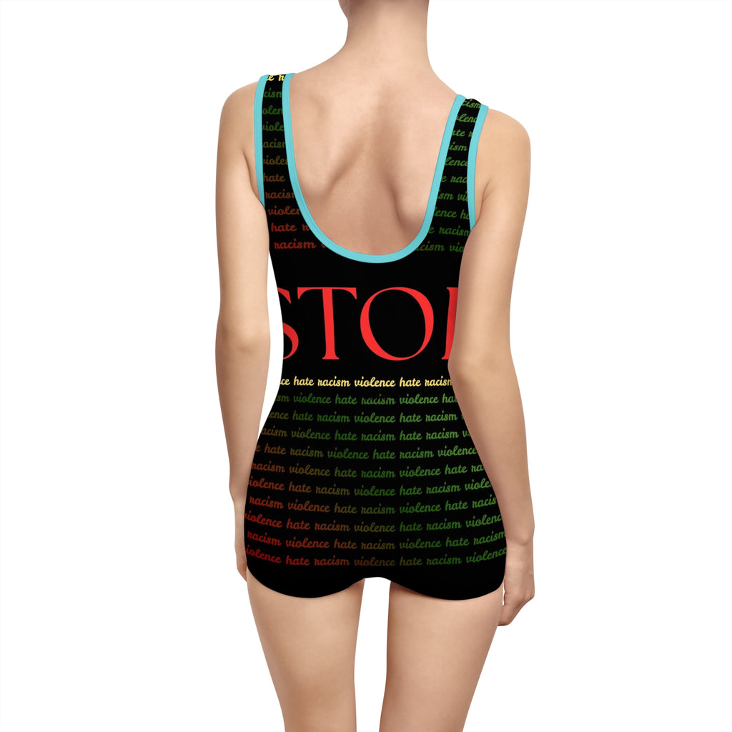 Vintage "Stop Racism" One-Piece Swimsuit — Retro Activist Bathing Suit