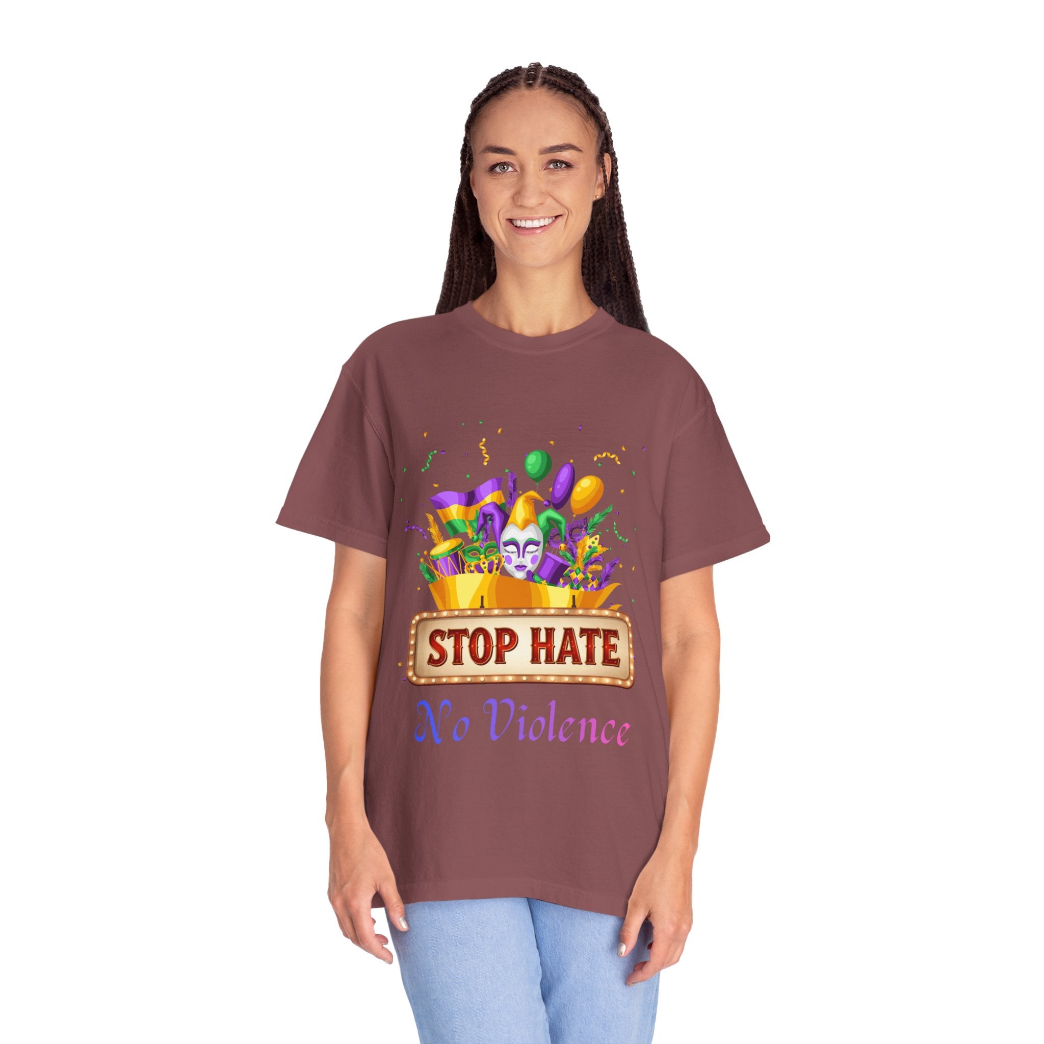 T-Shirt — "Stop Hate, No Violence" Mardi Gras Parade Design