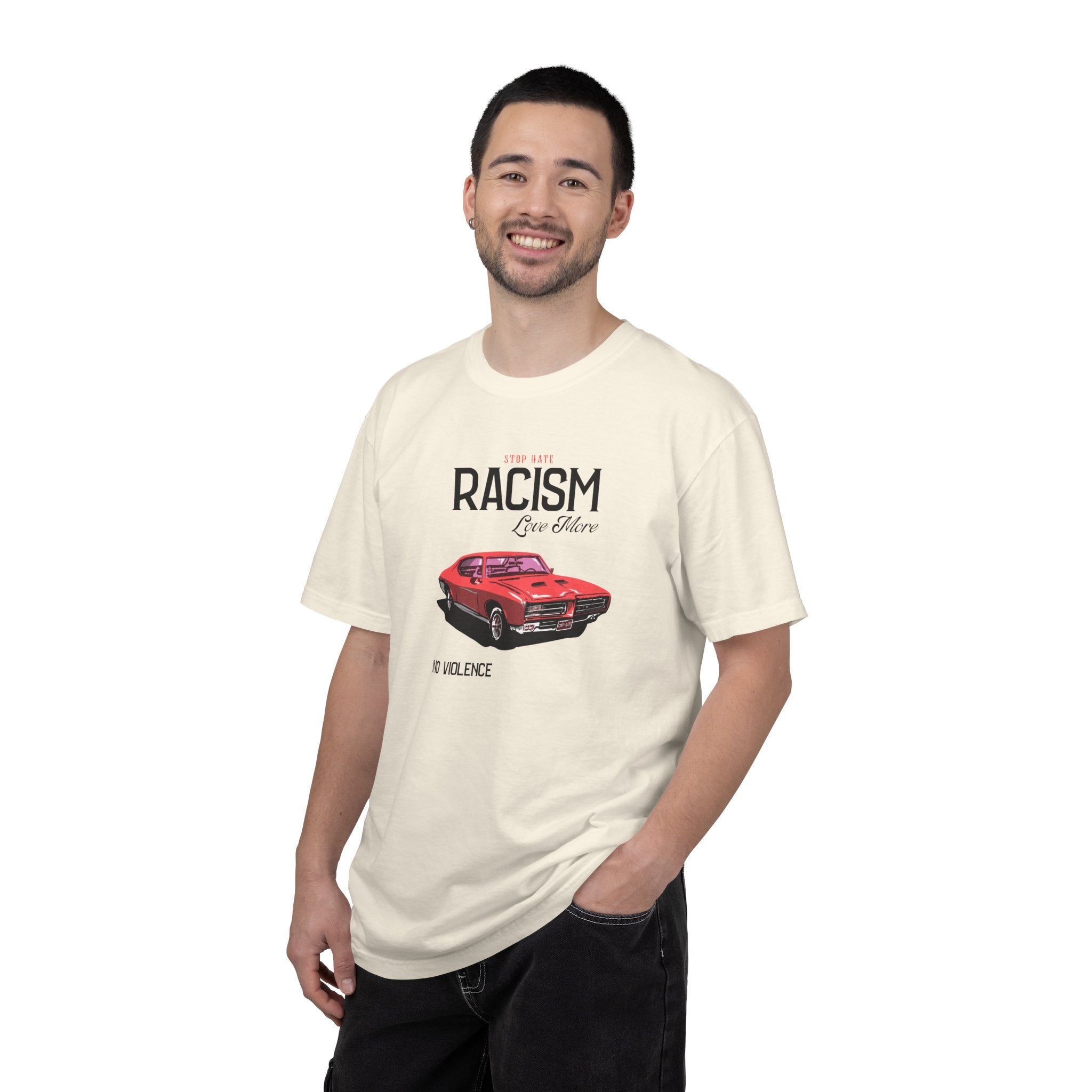 Anti-Racism Graphic T-Shirt — “Stop Hate, Racism, Love More” with Vintage Red Muscle Car