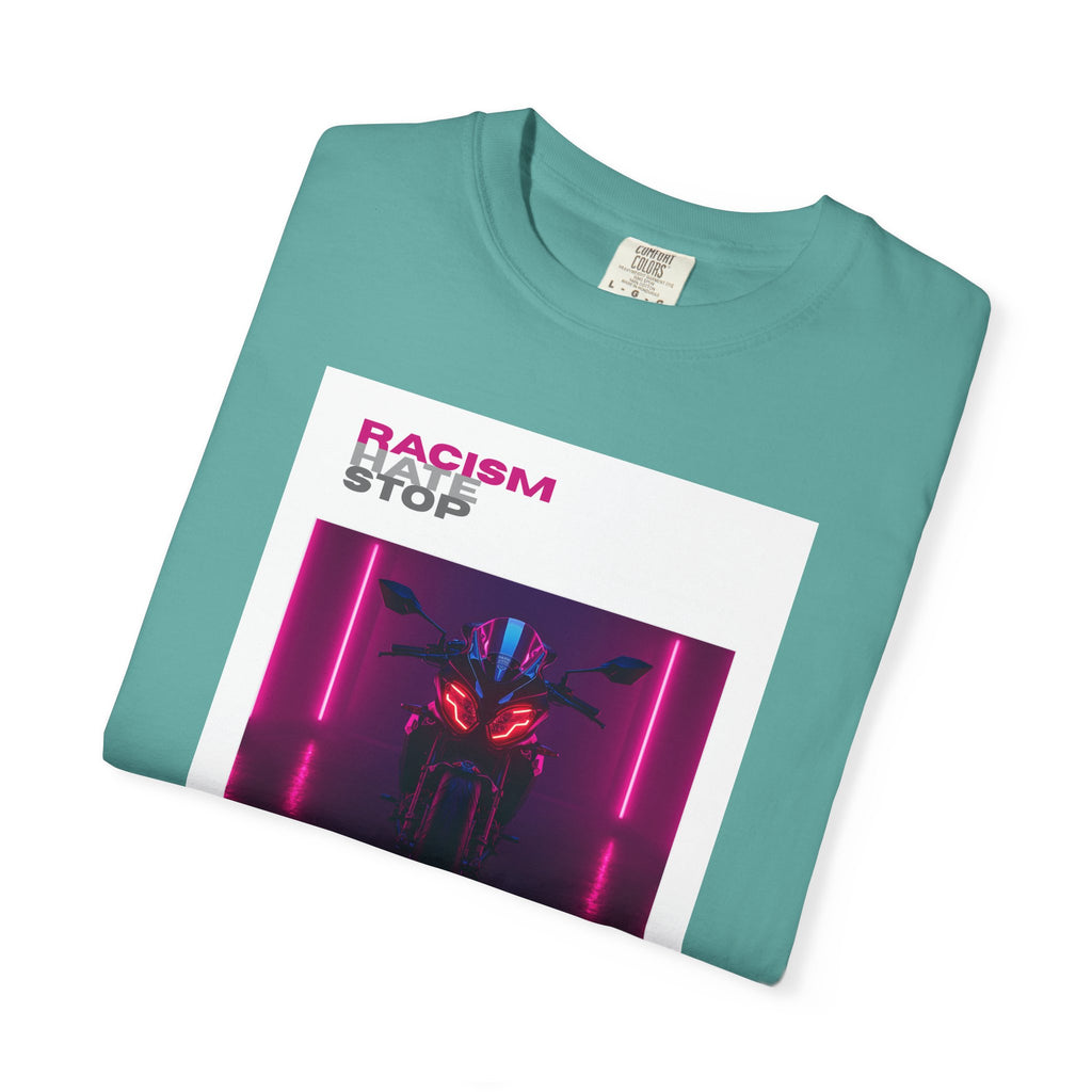 Anti-Racism Graphic T-Shirt — “Racism Stop” Neon Robot Design