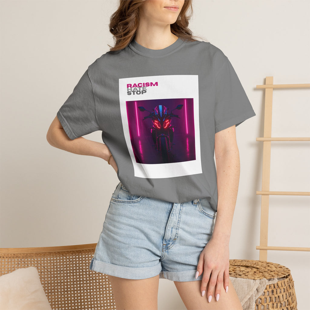 Anti-Racism Graphic T-Shirt — “Racism Stop” Neon Robot Design