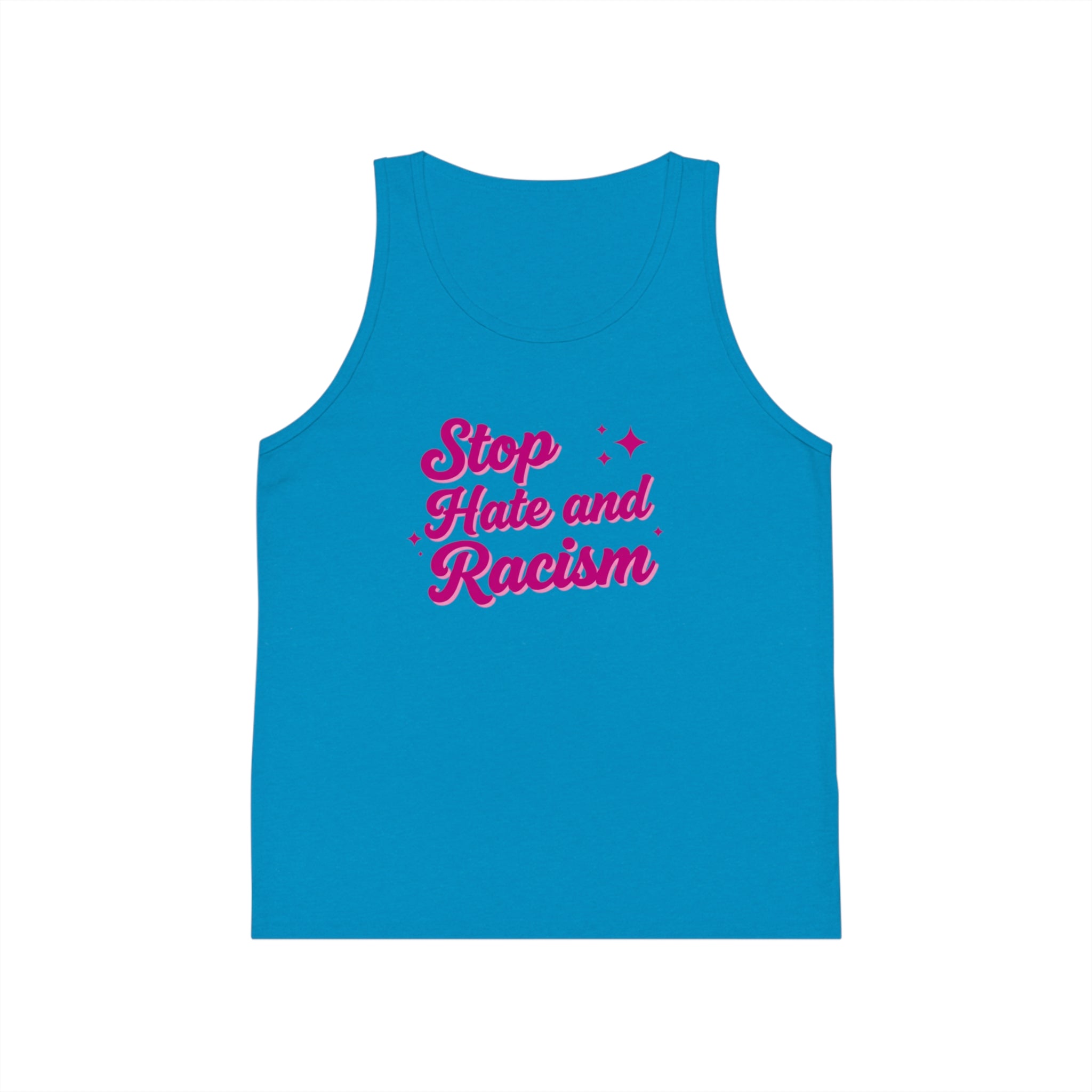 Kids Tank Top — "Stop Hate and Racism" Pink Script Kids Jersey Tank