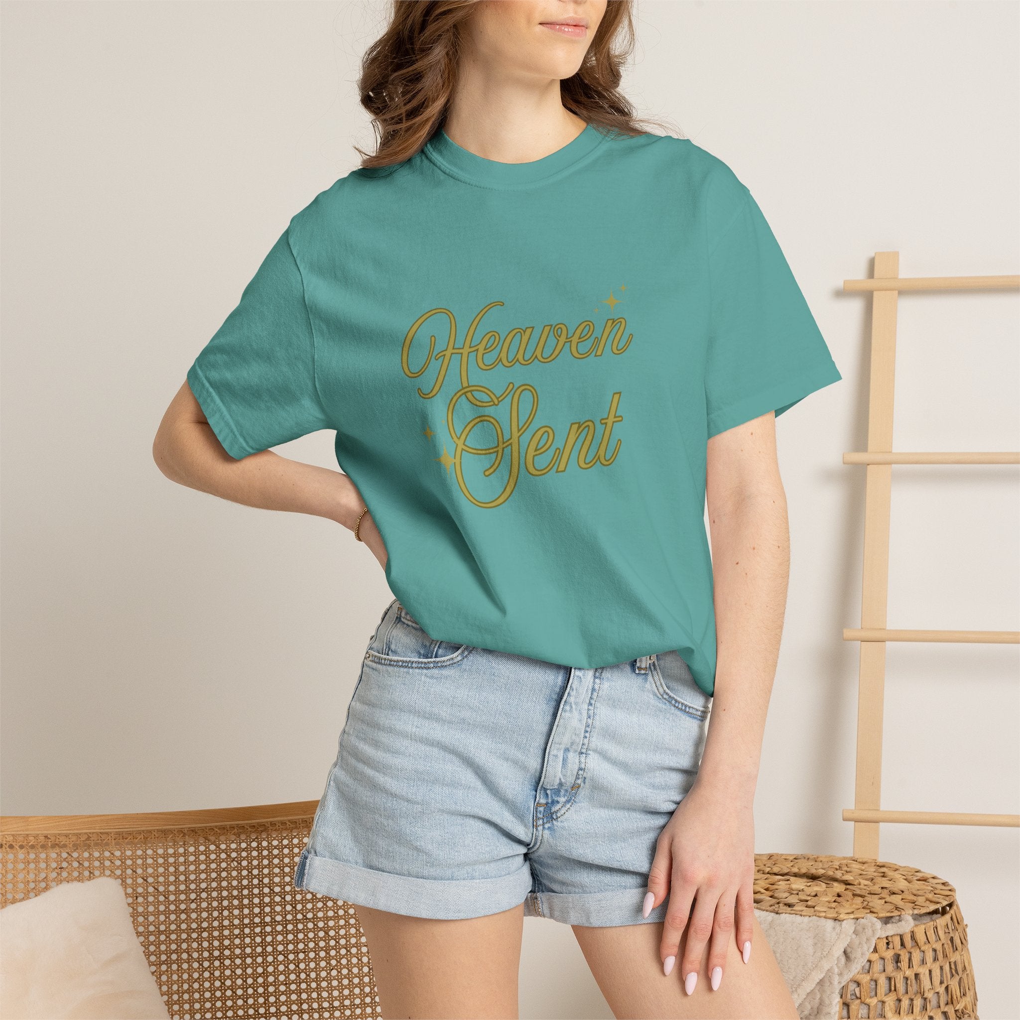 Heaven Sent Graphic Tee – Script Text Logo Cotton T-Shirt