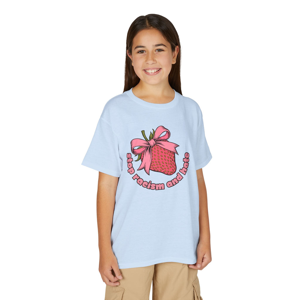 Youth T-Shirt — Cute Pink Gift Box Graphic with "Stop, Realism and Races" Slogan