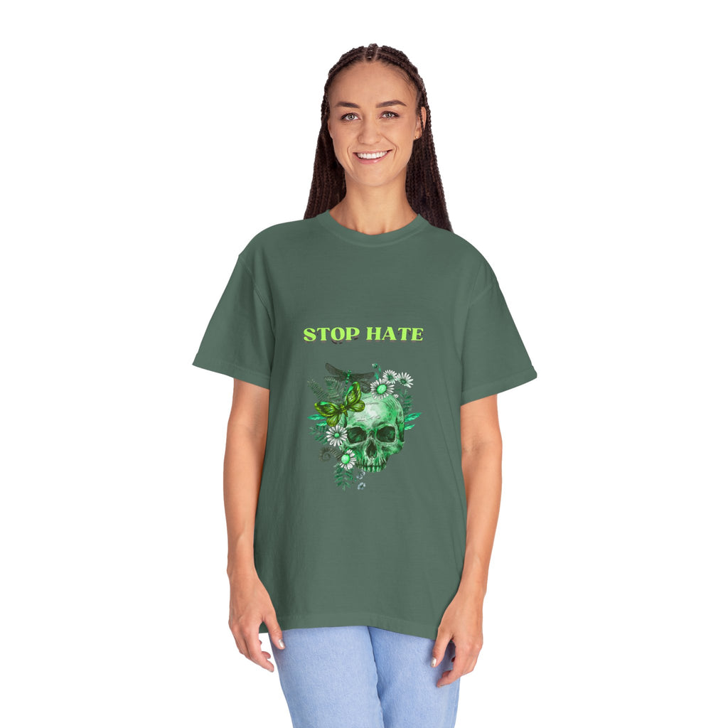 Stop Hate Skull T-Shirt — Green Floral Skull Graphic Tee