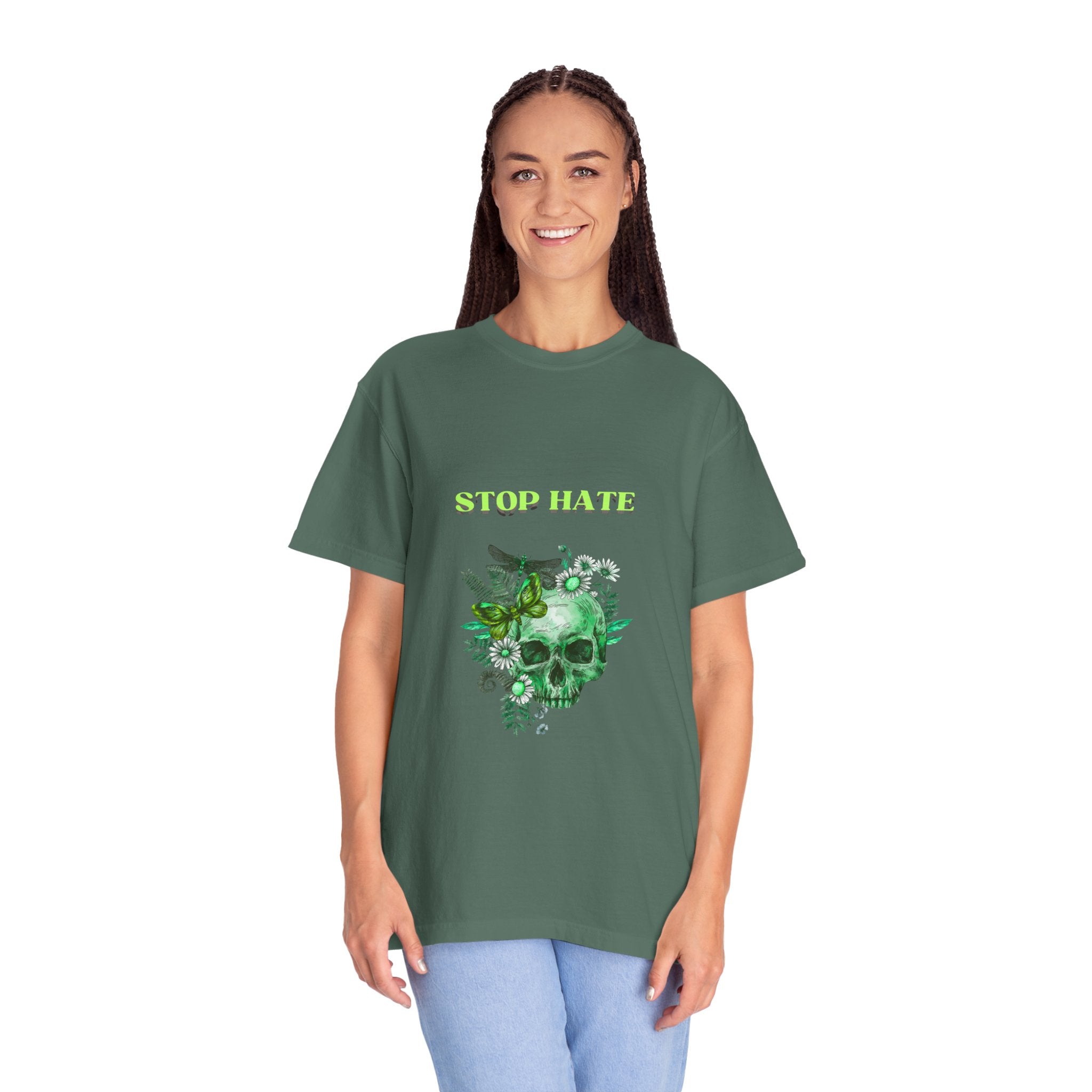 Stop Hate Skull T-Shirt — Green Floral Skull Graphic Tee