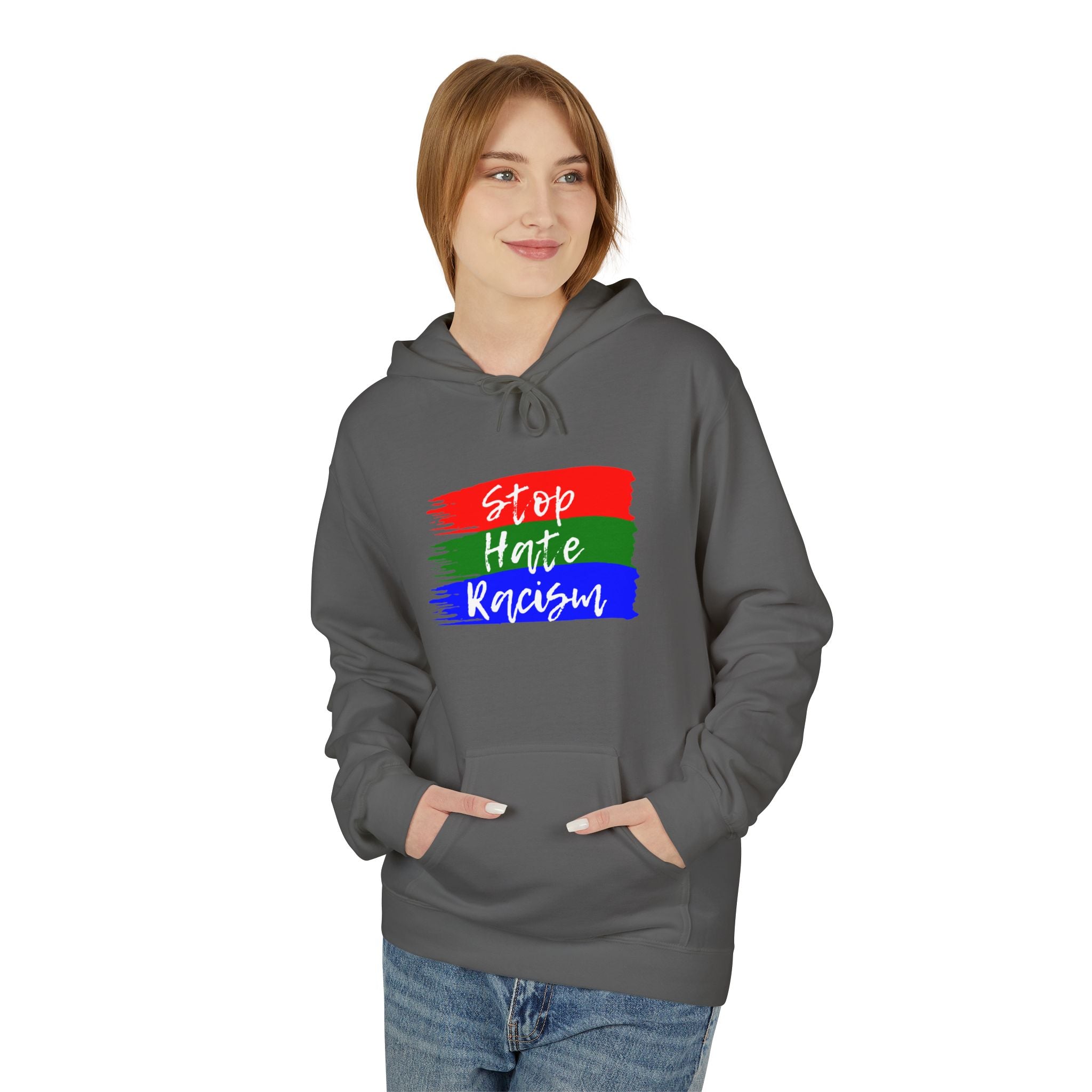 Hoodie — Stop Hate Rebuild (Red-Green-Blue Brushstroke)