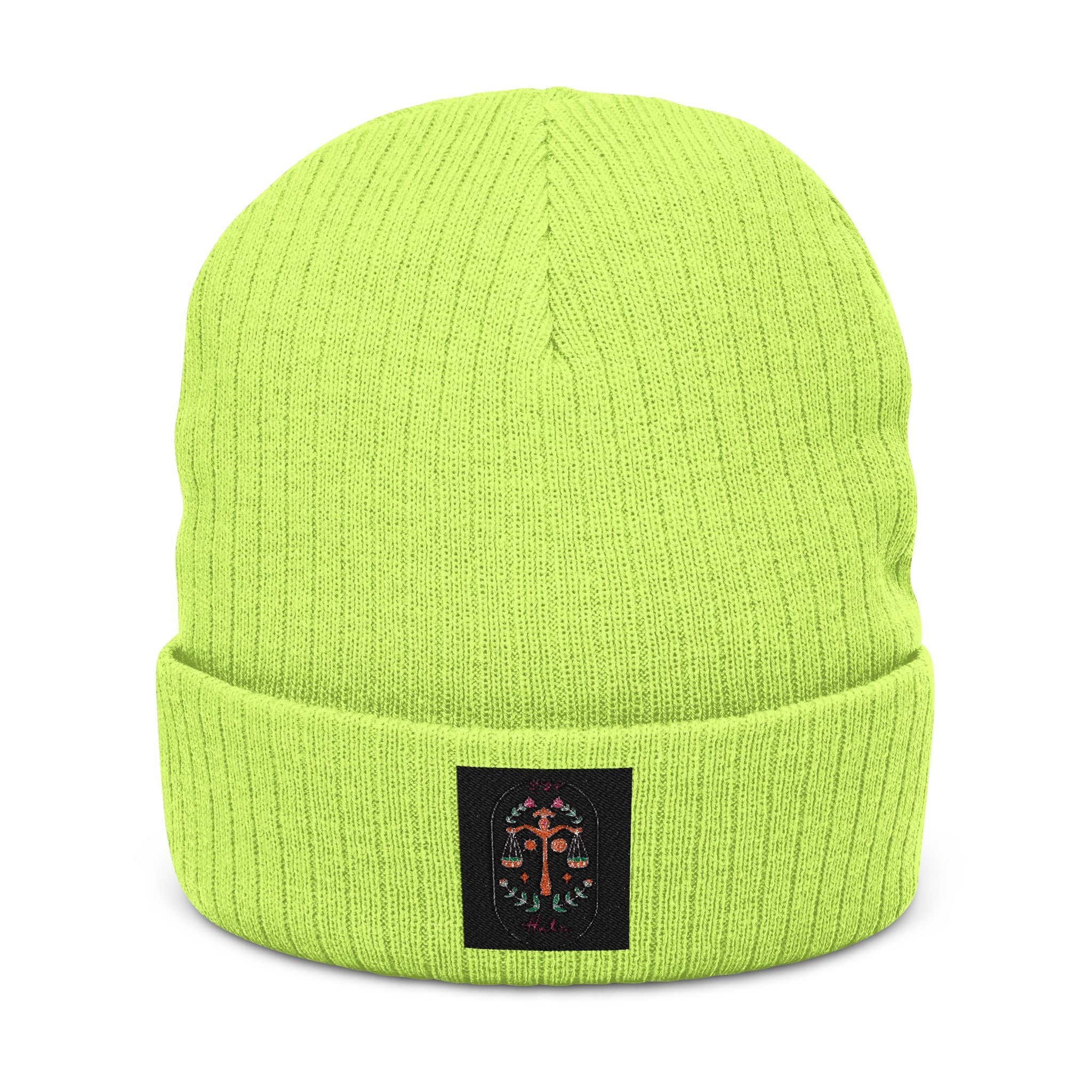 Embroidered Floral Cross Ribbed Knit Beanie - Cozy Gothic Winter Hat