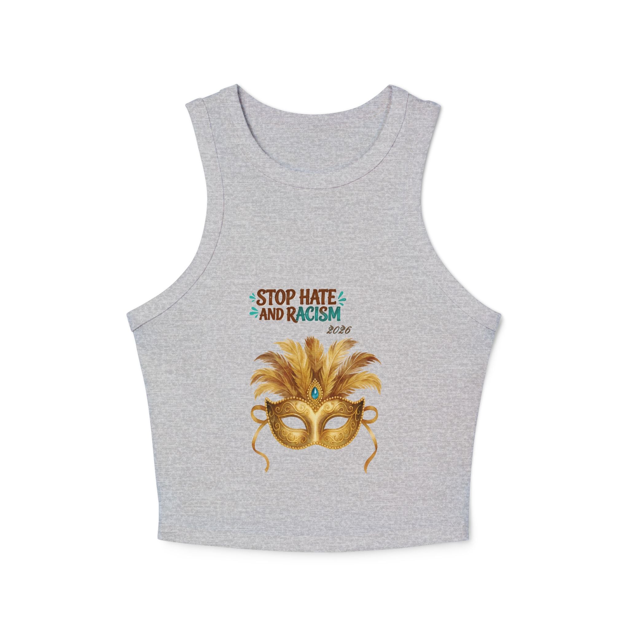 Mardi Gras Feather Mask Tank — "Stop Hate and Racism" Women's Racer Crop