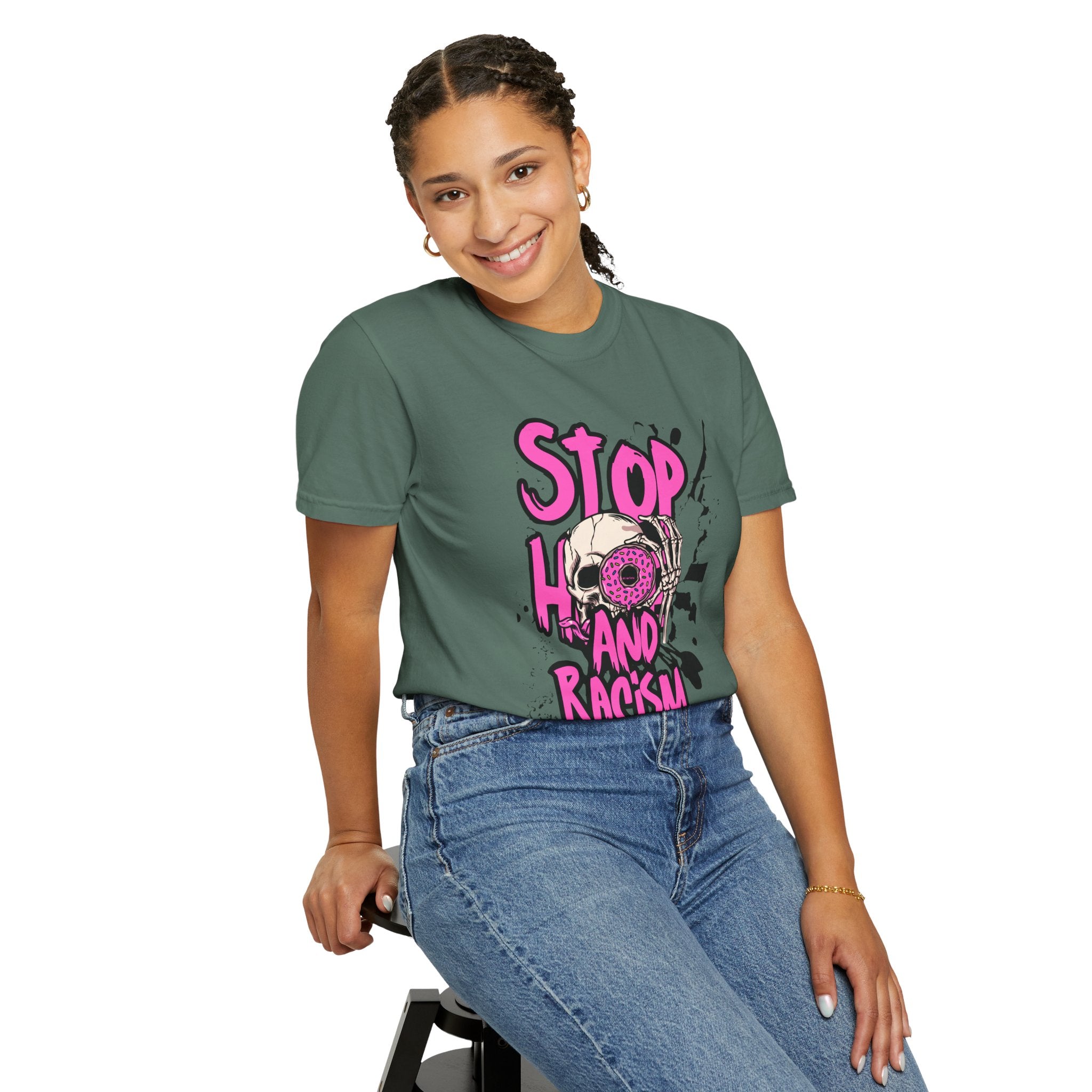 Stop H8 and Racism Graphic Tee — Anti-Racism Skull Donut Protest T-Shirt