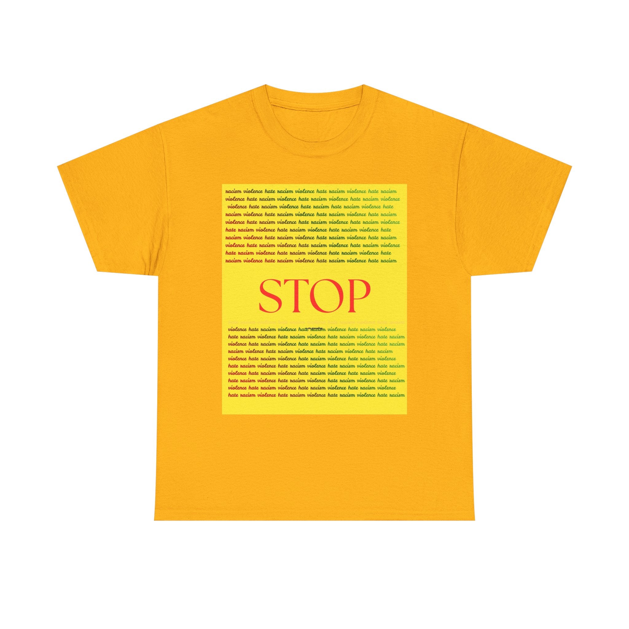 STOP Graphic Tee — Bold Yellow Text Block Protest T-Shirt