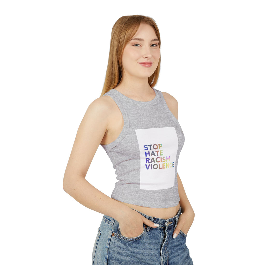 Racer Tank — "STOP HATE RACISM VIOLENCE" Rainbow Social Justice Crop