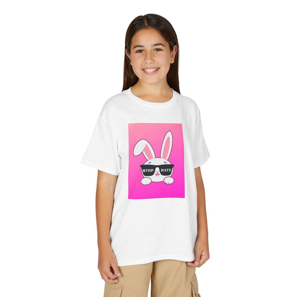 Youth T-Shirt — Pink Bunny "Stop Hate" Graphic