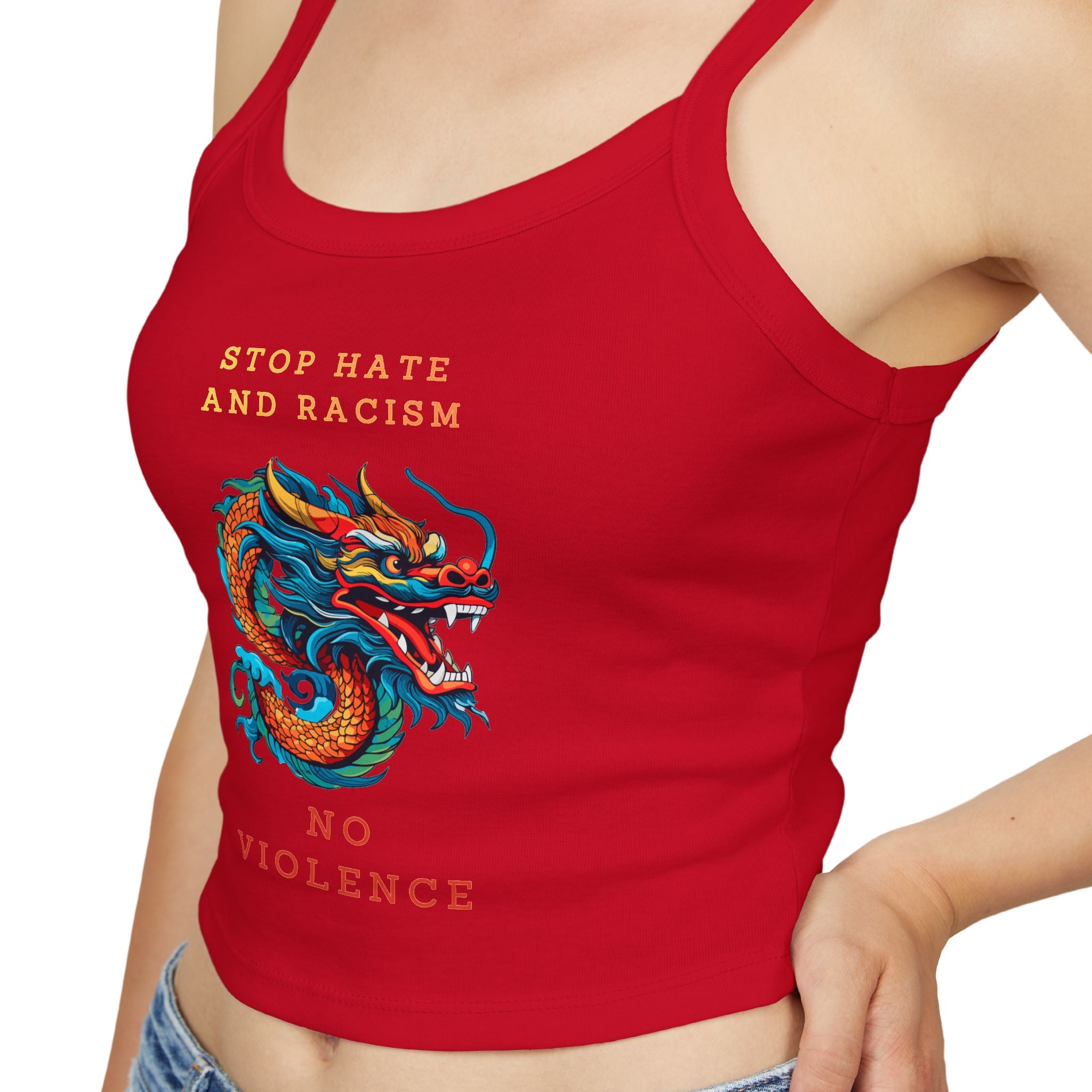 Tank Top — Colorful Dragon “Stop Hate and Racism / No Violence” Graphic Crop