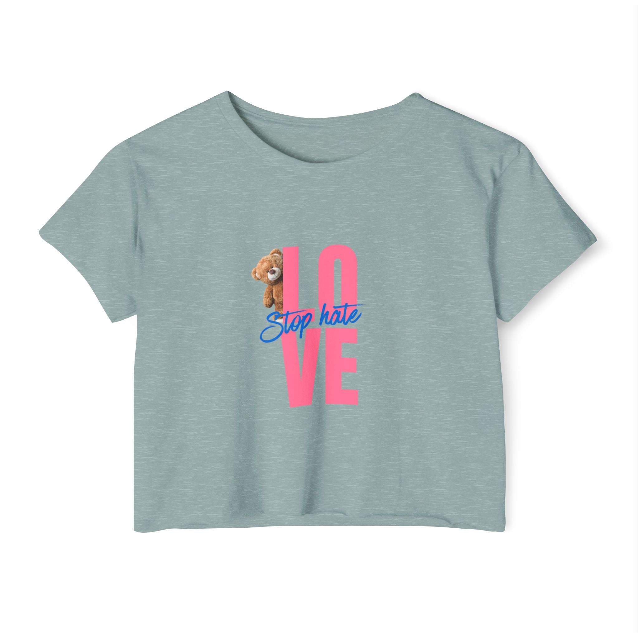 LOVE Festival Crop Top — 'Stop Hate' Pink Teddy Graphic